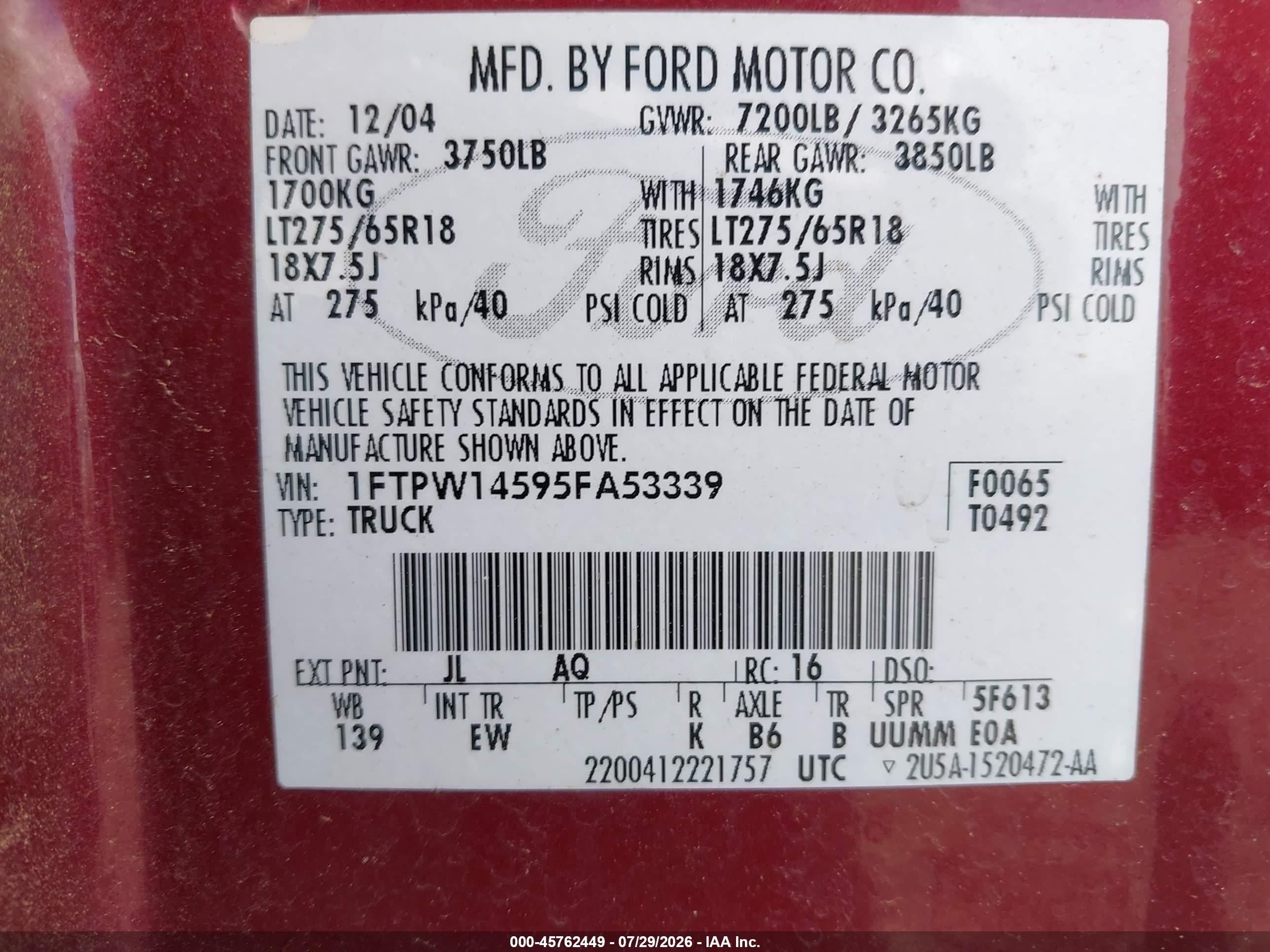 2005 Ford F-150 Fx4/lariat/xlt Maroon vin: 1FTPW14595FA53339