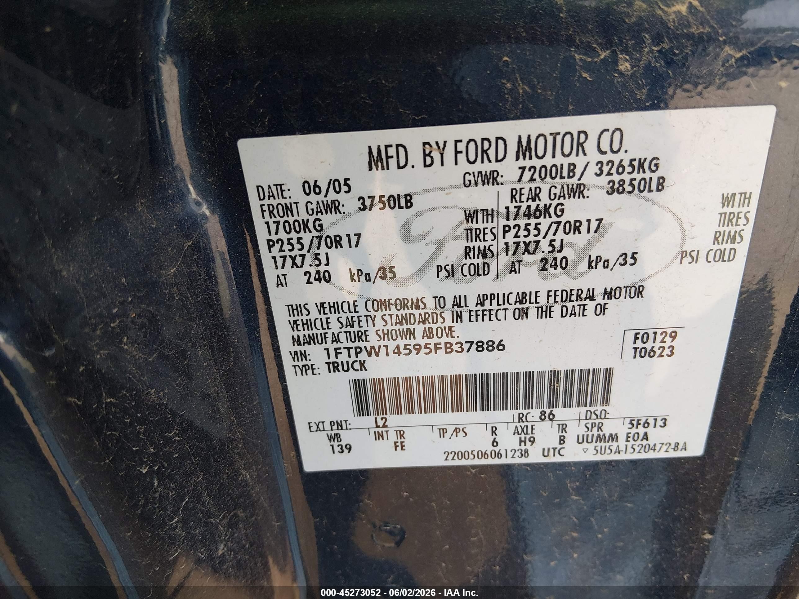 2005 Ford F-150 Fx4/lariat/xlt Dark Blue vin: 1FTPW14595FB37886