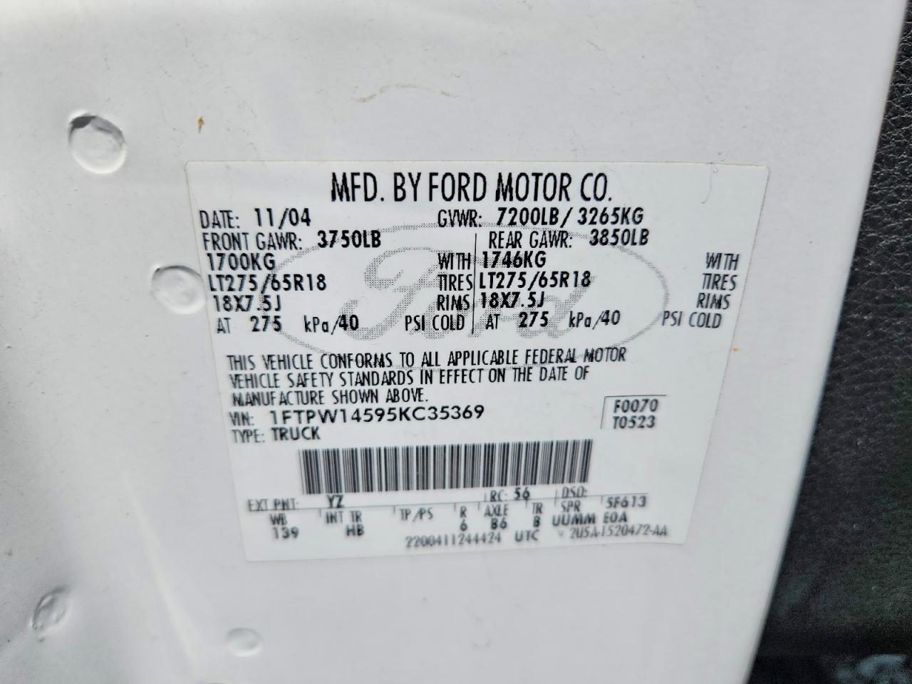2005 Ford F150 Supercrew White vin: 1FTPW14595KC35369