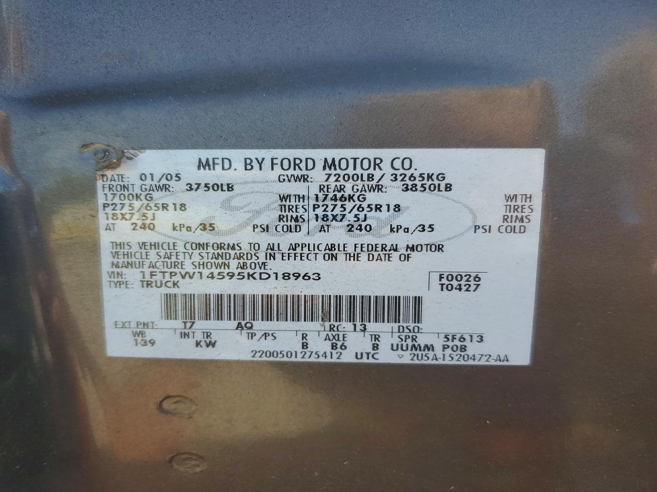 2005 Ford F150 Supercrew Gray vin: 1FTPW14595KD18963