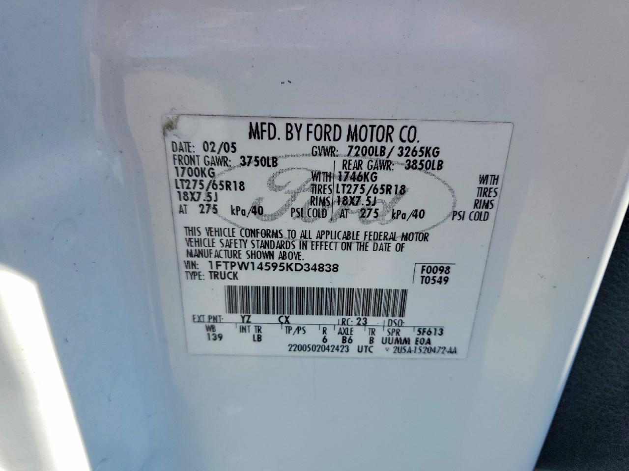 2005 Ford F150 Supercrew White vin: 1FTPW14595KD34838