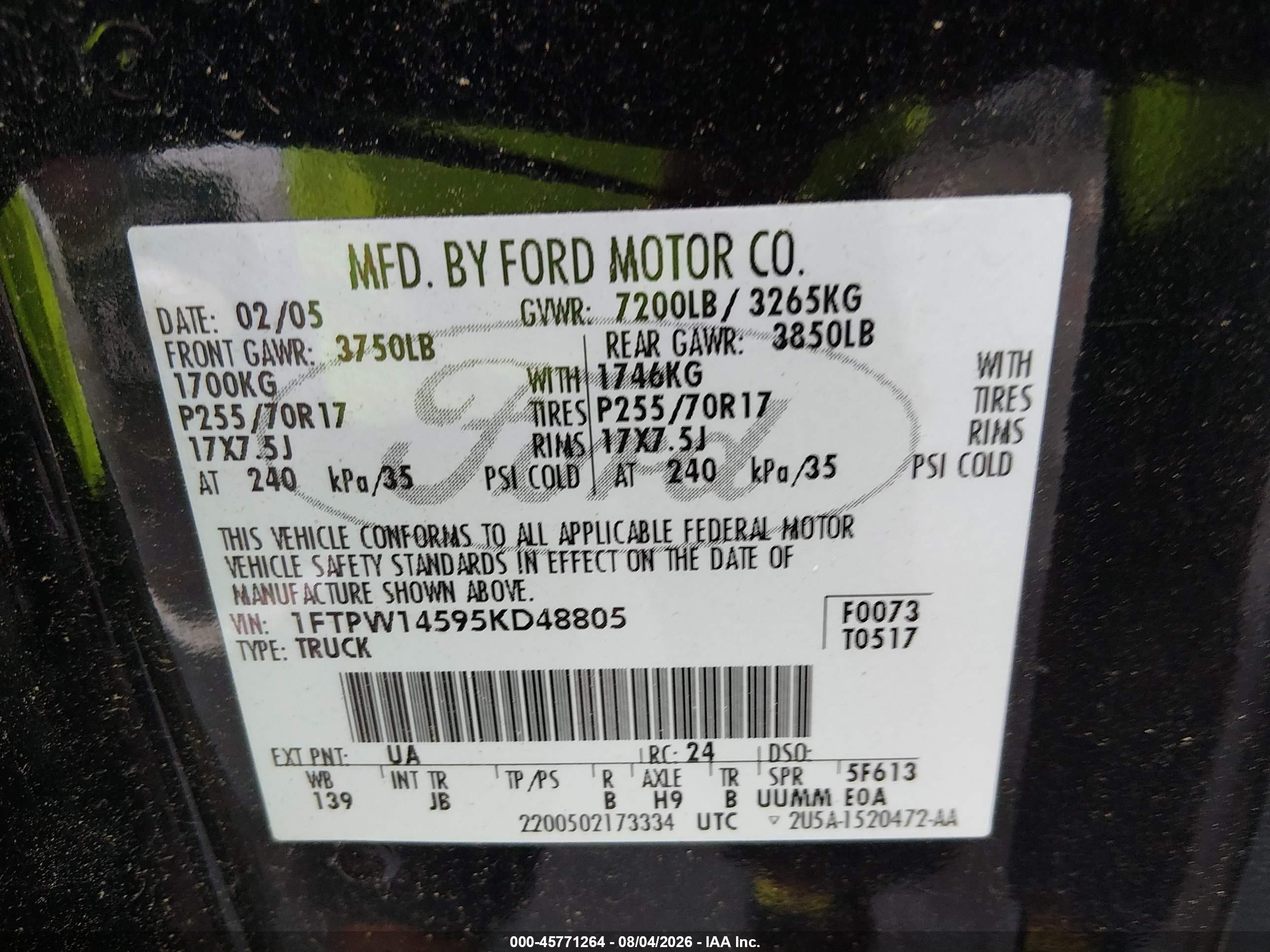 2005 Ford F-150 Fx4/lariat/xlt Black vin: 1FTPW14595KD48805