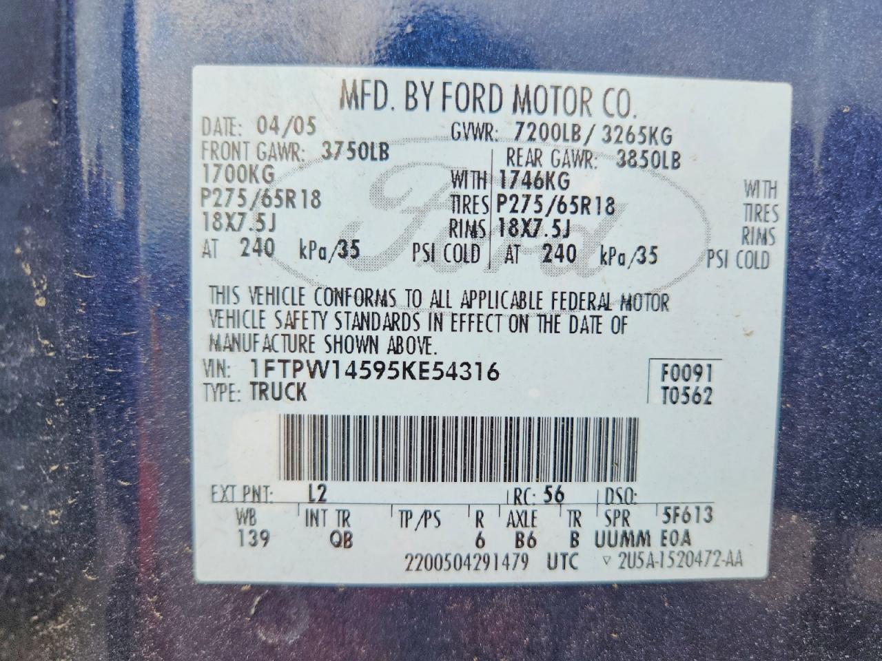 2005 Ford F150 Supercrew Blue vin: 1FTPW14595KE54316