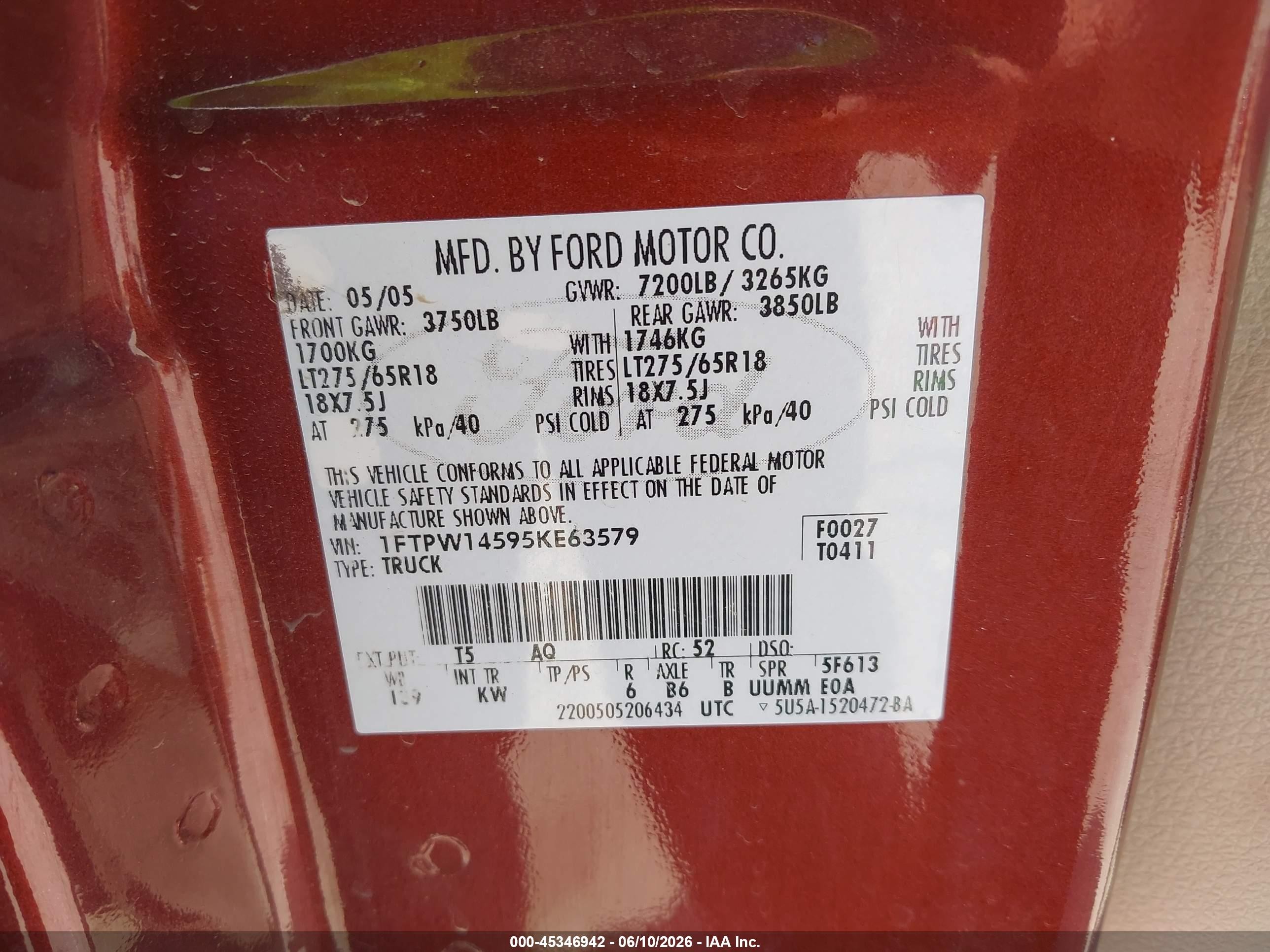2005 Ford F-150 Fx4/lariat/xlt Maroon vin: 1FTPW14595KE63579