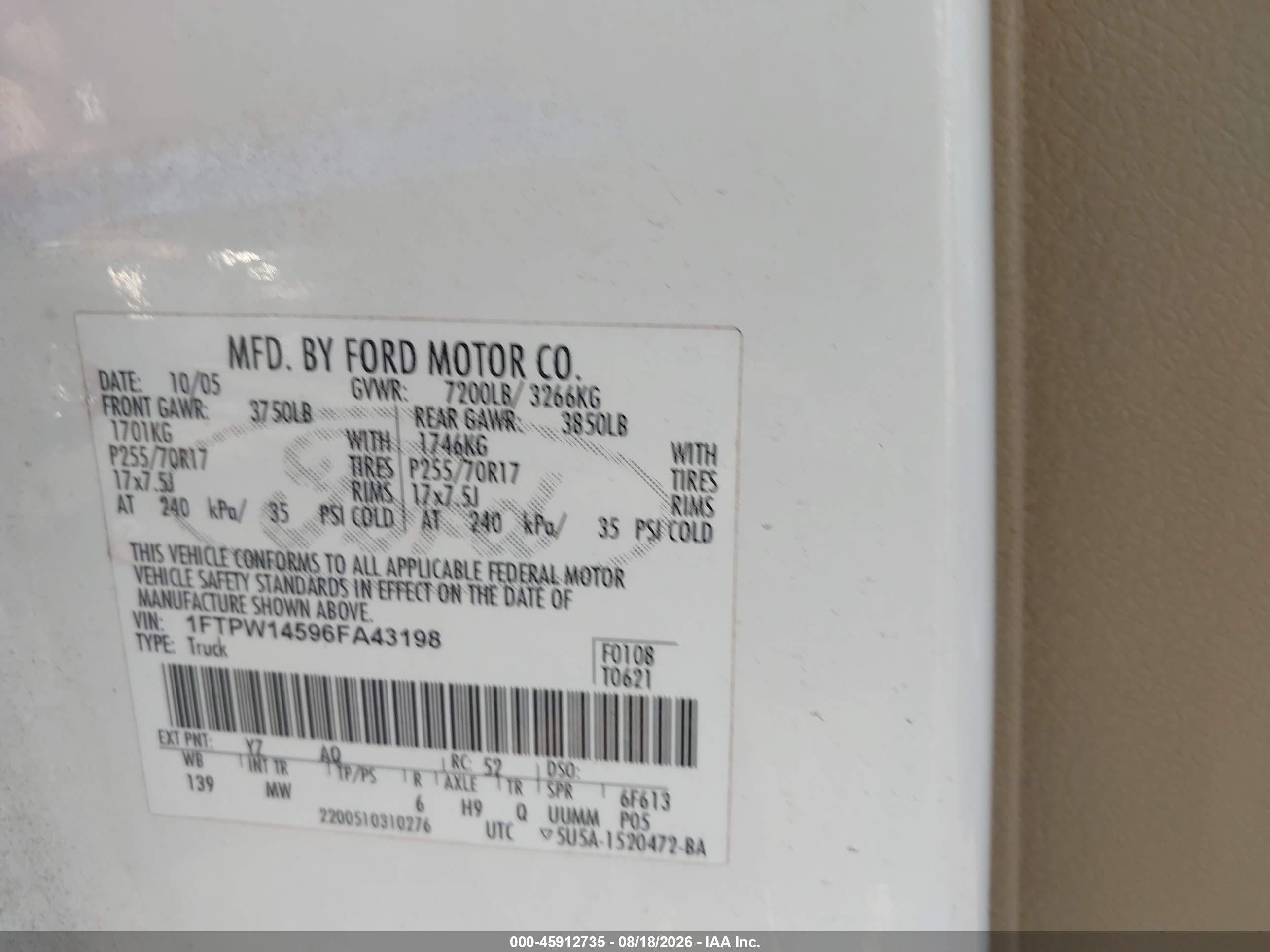 2006 Ford F-150 Fx4/lariat/xlt White vin: 1FTPW14596FA43198