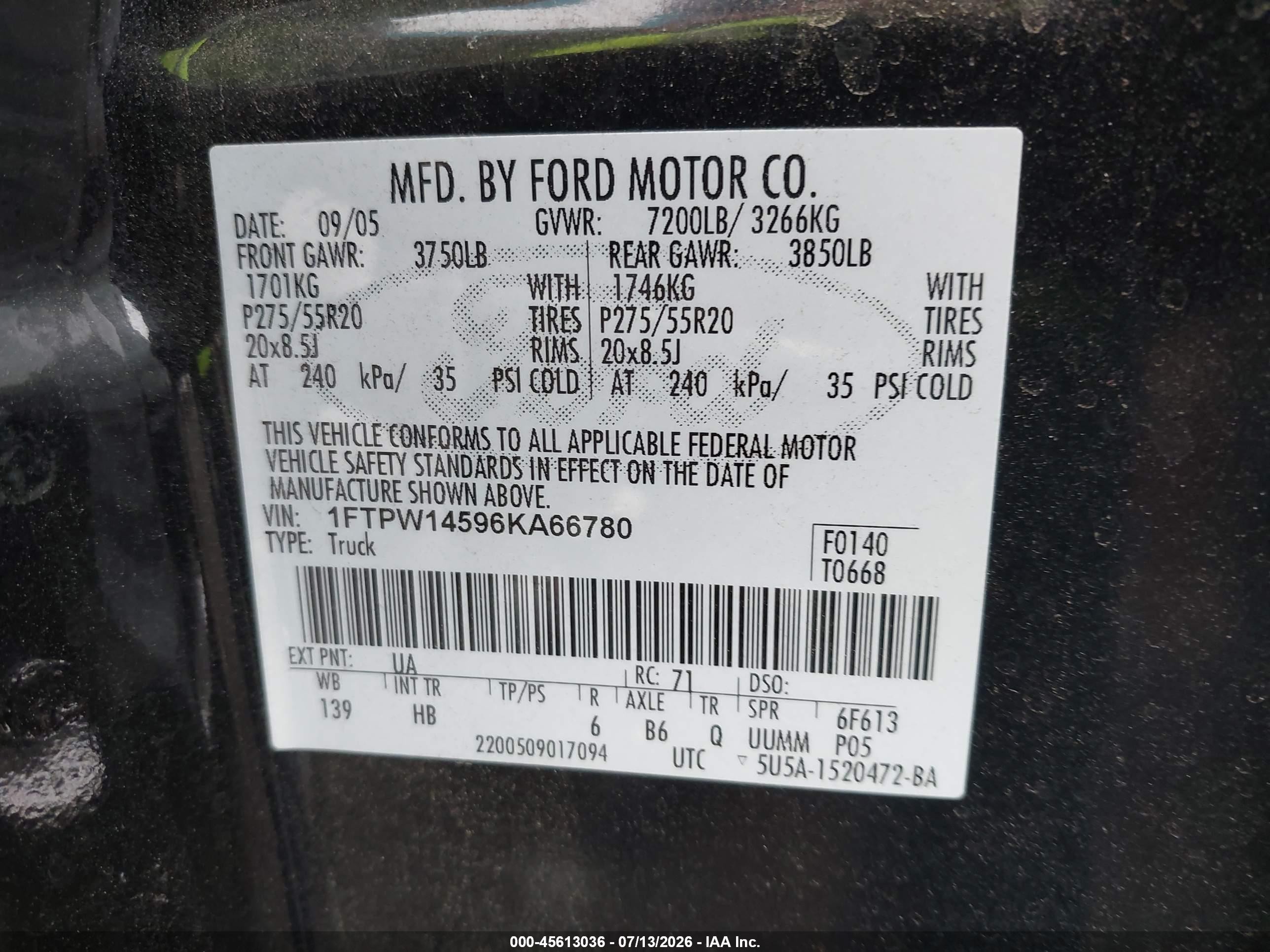 2006 Ford F-150 Fx4/lariat/xlt Black vin: 1FTPW14596KA66780