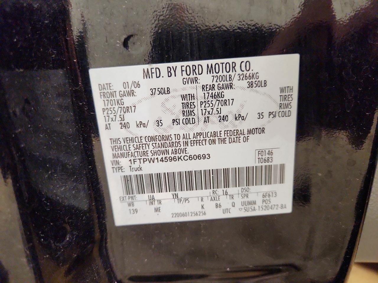 2006 Ford F150 Supercrew Black vin: 1FTPW14596KC60693