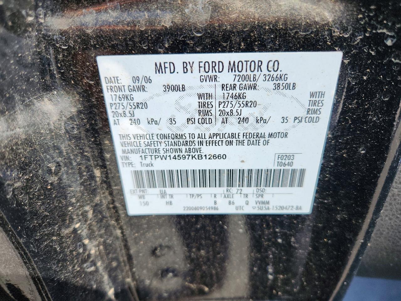 2007 Ford F150 Supercrew Black vin: 1FTPW14597KB12660