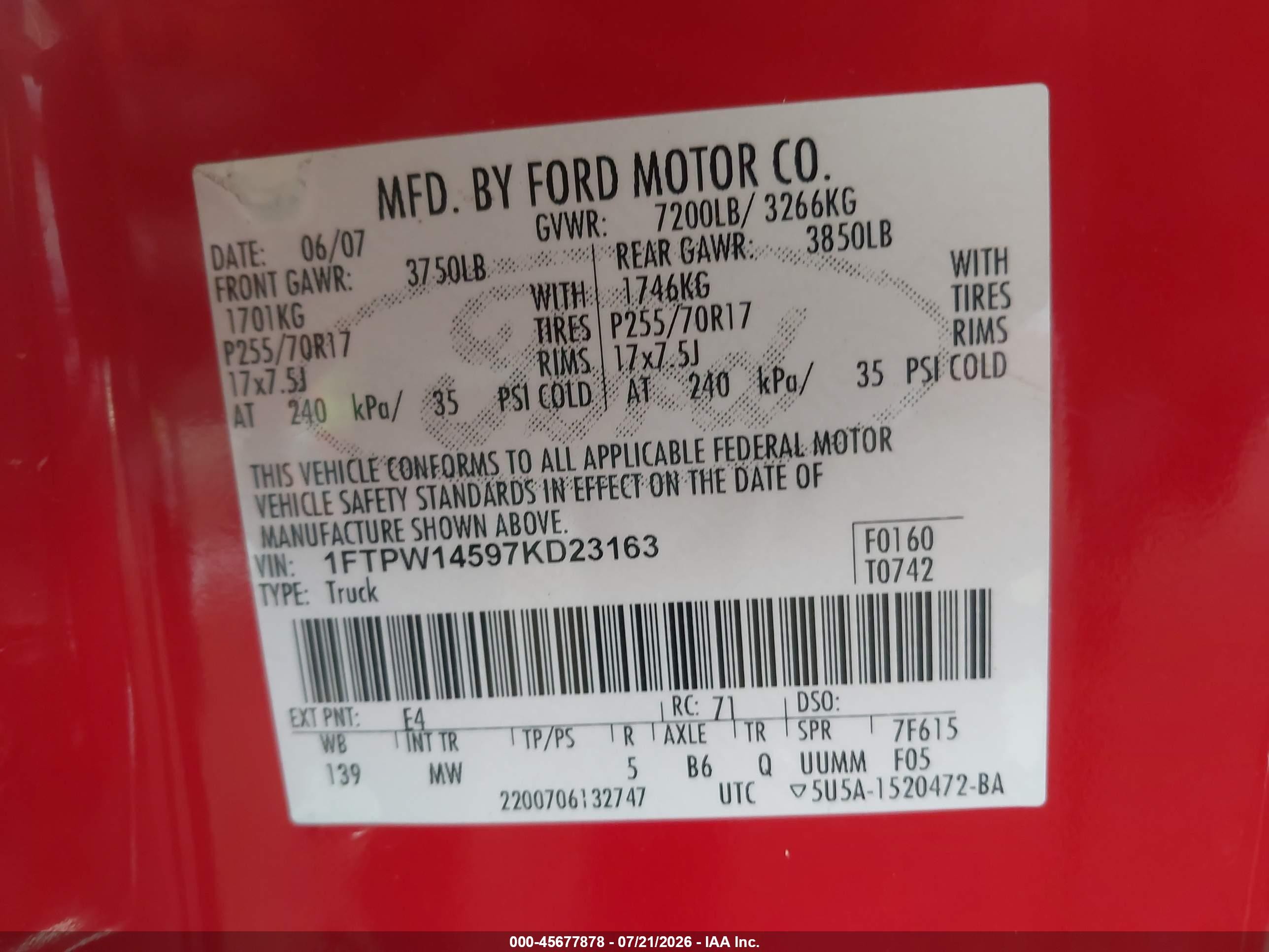 2007 Ford F-150 Fx4/lariat/xlt Red vin: 1FTPW14597KD23163