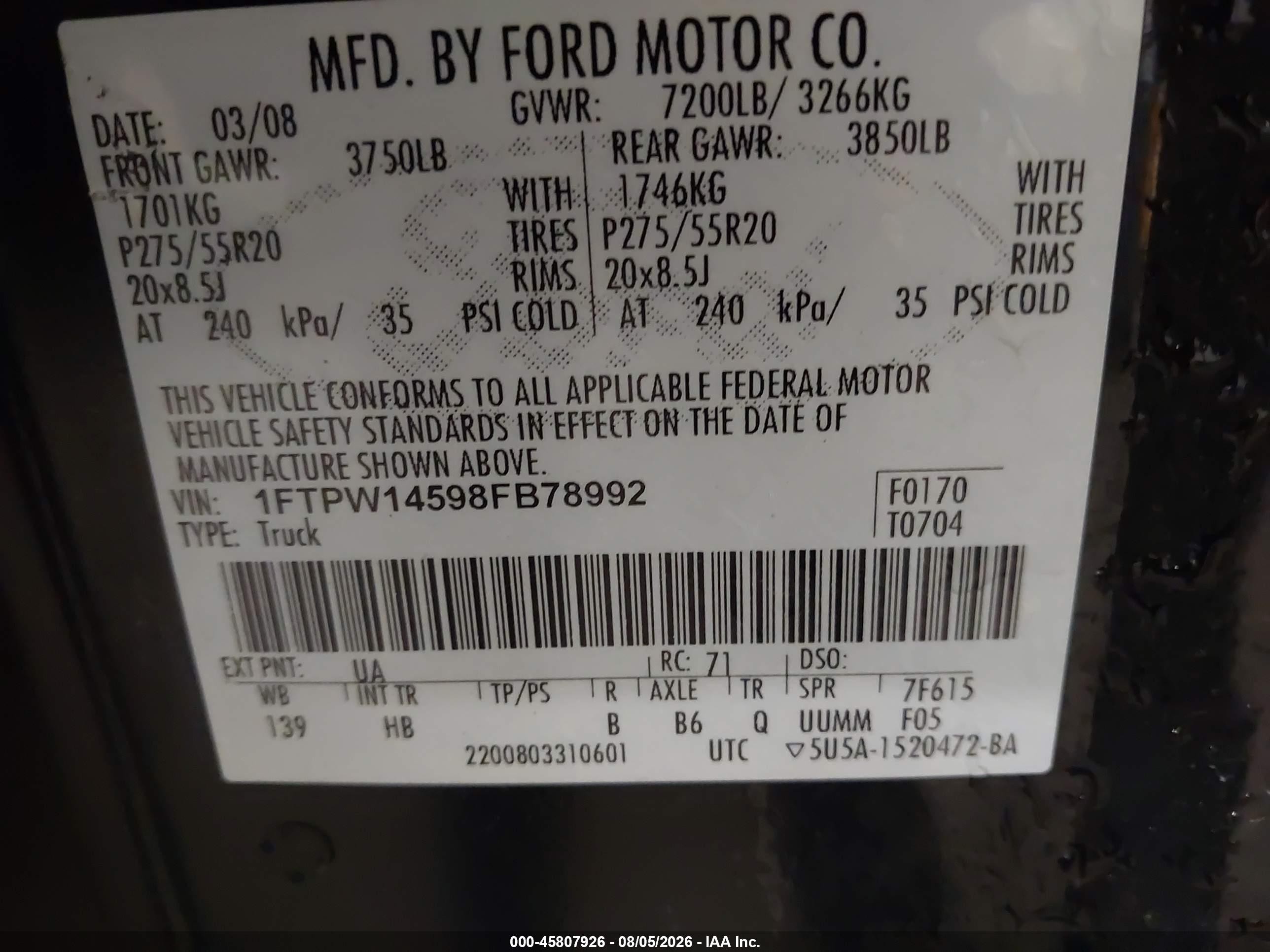 2008 Ford F-150 60th Anniversary/fx4/king Ranch/lariat/limited/xlt Black vin: 1FTPW14598FB78992