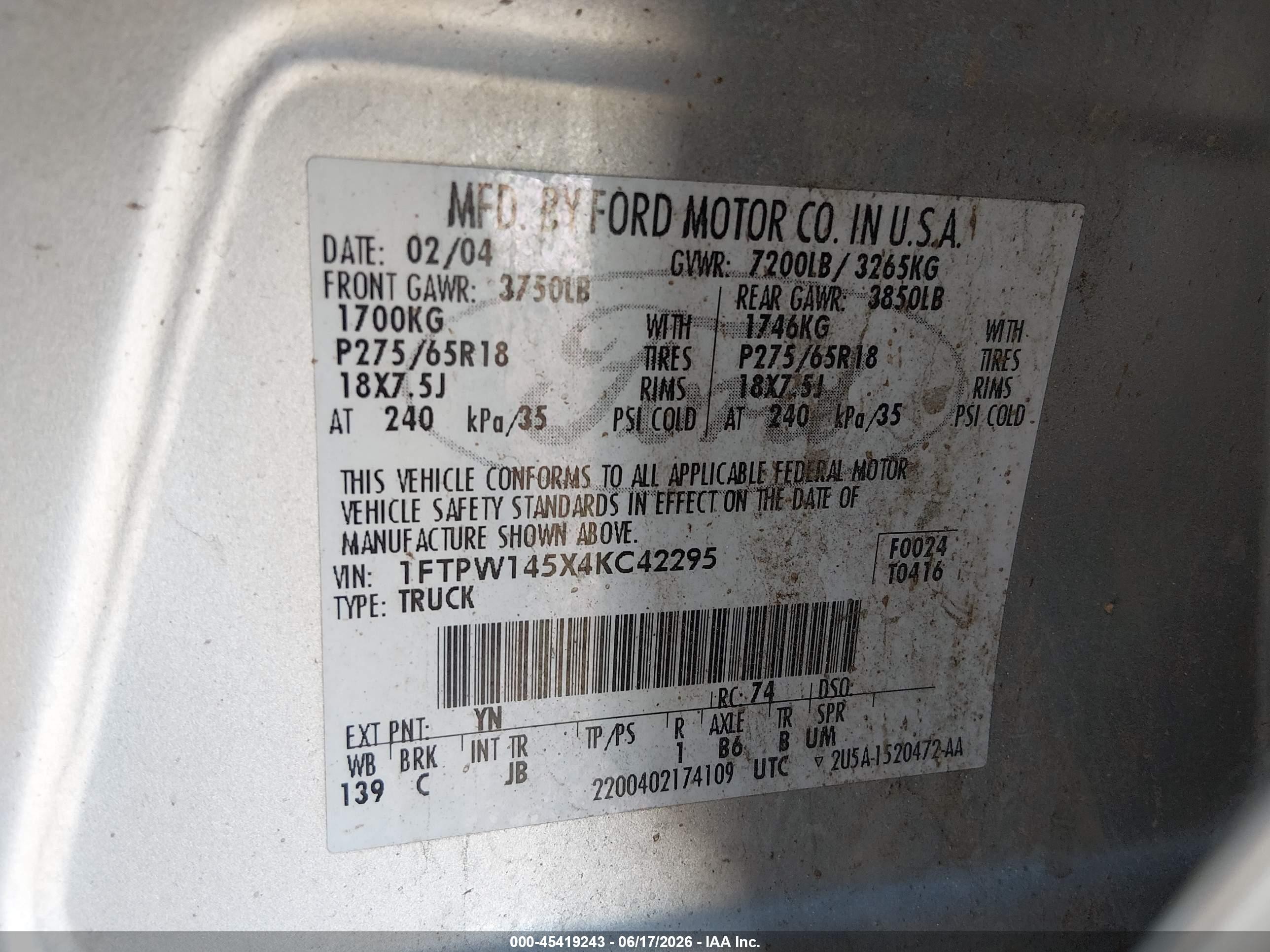 2004 Ford F-150 Fx4/lariat/xlt Silver vin: 1FTPW145X4KC42295