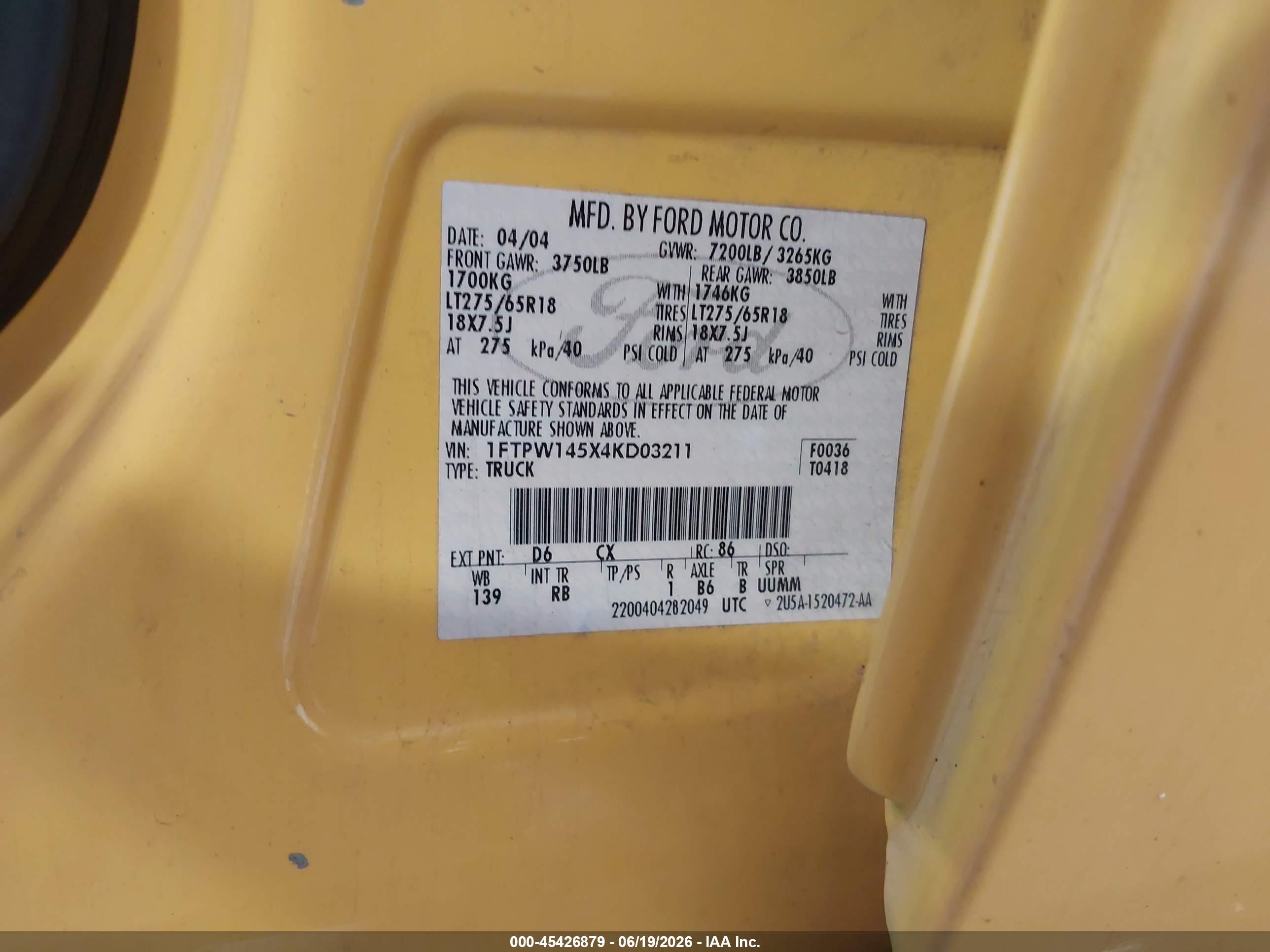 2004 Ford F-150 Fx4/lariat/xlt Yellow vin: 1FTPW145X4KD03211