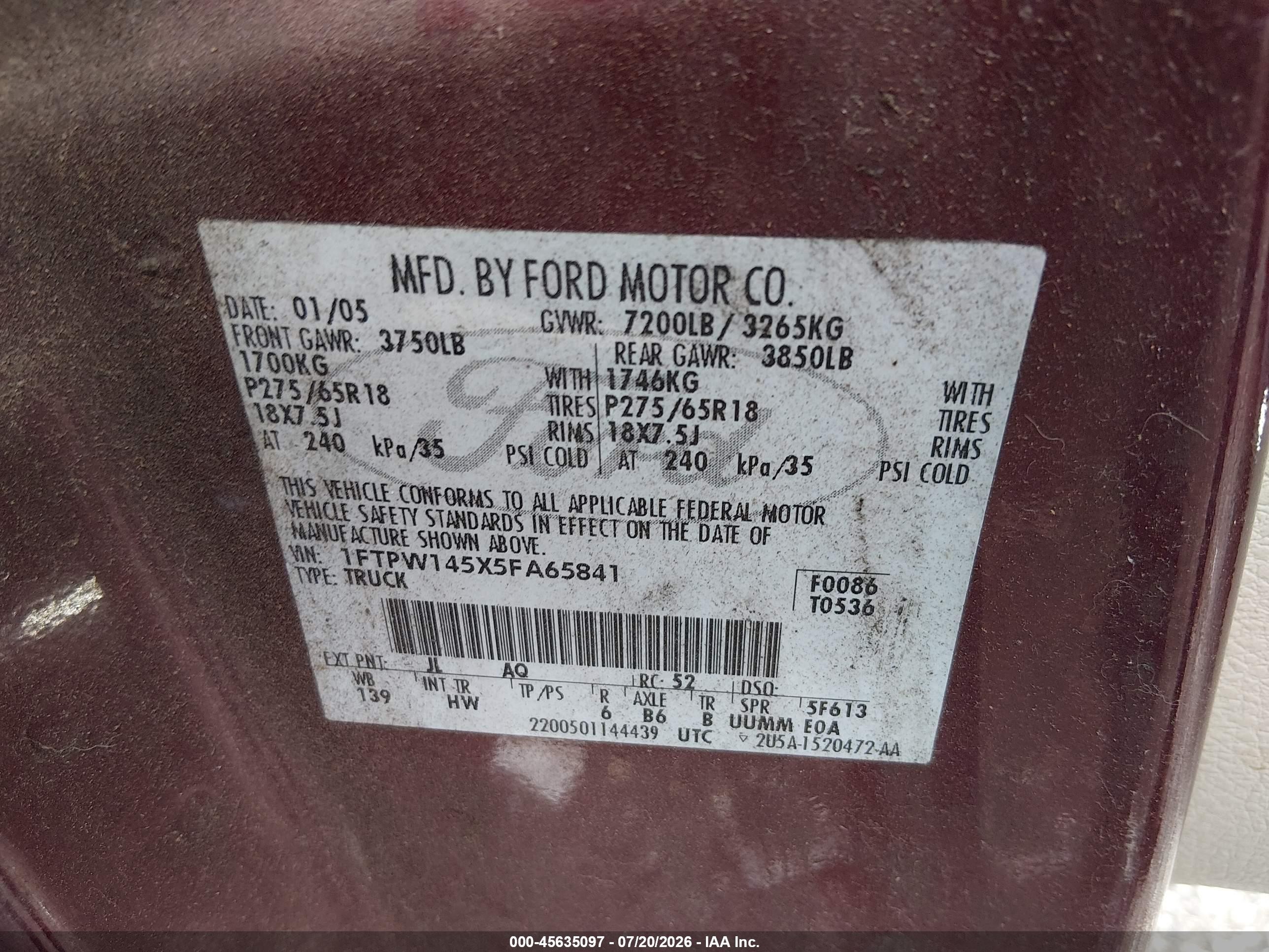 2005 Ford F-150 Fx4/lariat/xlt Maroon vin: 1FTPW145X5FA65841