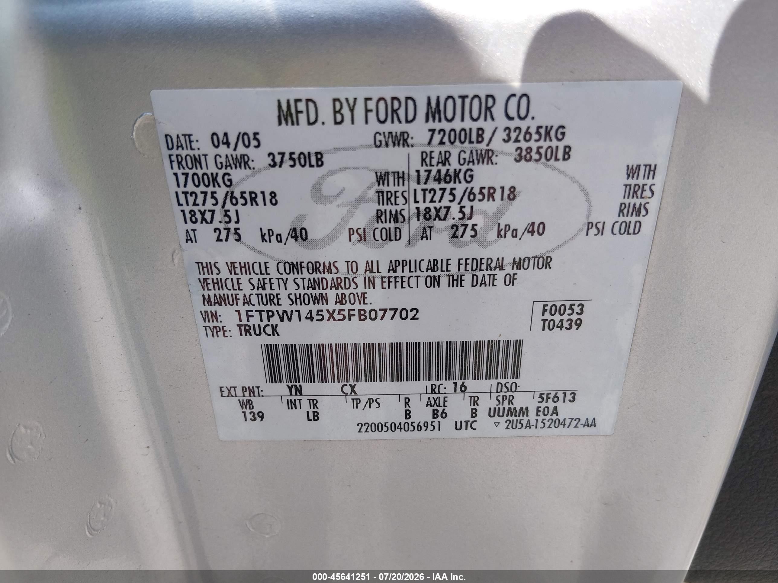 2005 Ford F-150 Fx4/lariat/xlt Silver vin: 1FTPW145X5FB07702
