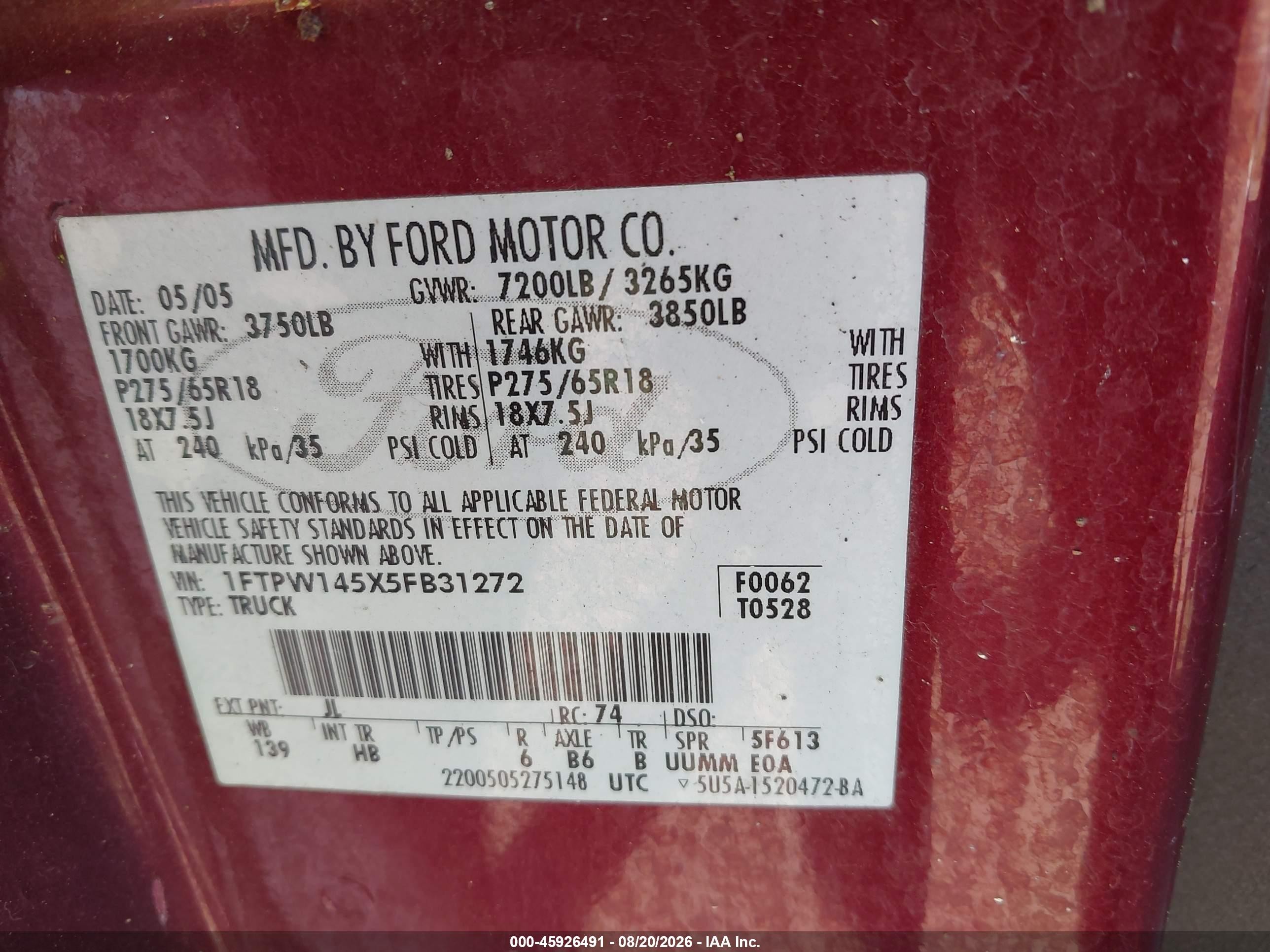 2005 Ford F-150 Fx4/lariat/xlt Maroon vin: 1FTPW145X5FB31272