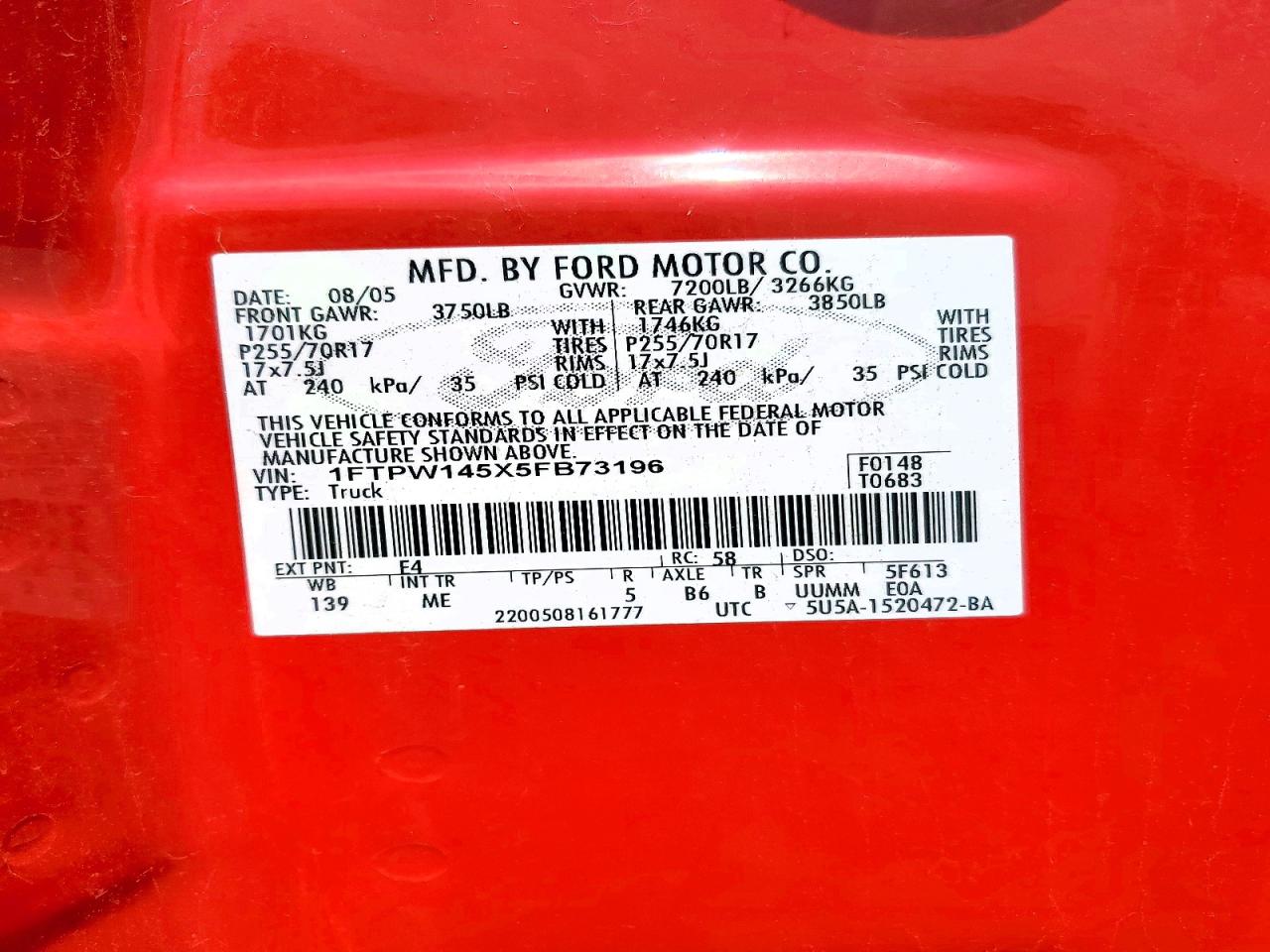 2005 Ford F-150 Red vin: 1FTPW145X5FB73196