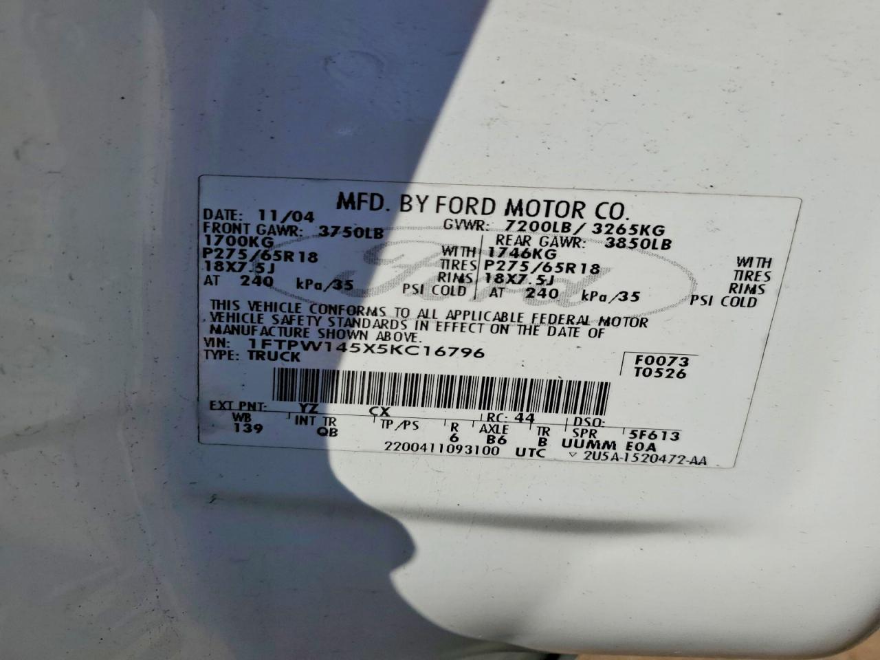 2005 Ford F150 Supercrew White vin: 1FTPW145X5KC16796