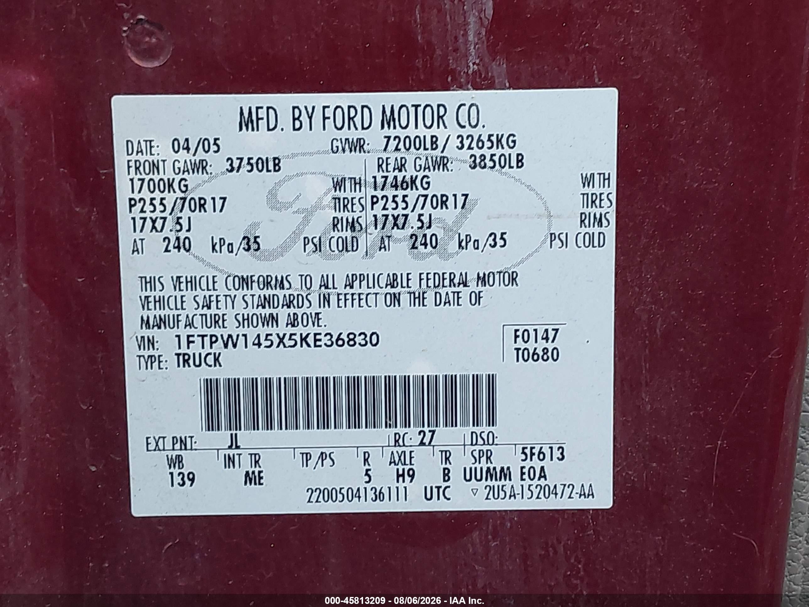2005 Ford F-150 Fx4/lariat/xlt Burgundy vin: 1FTPW145X5KE36830