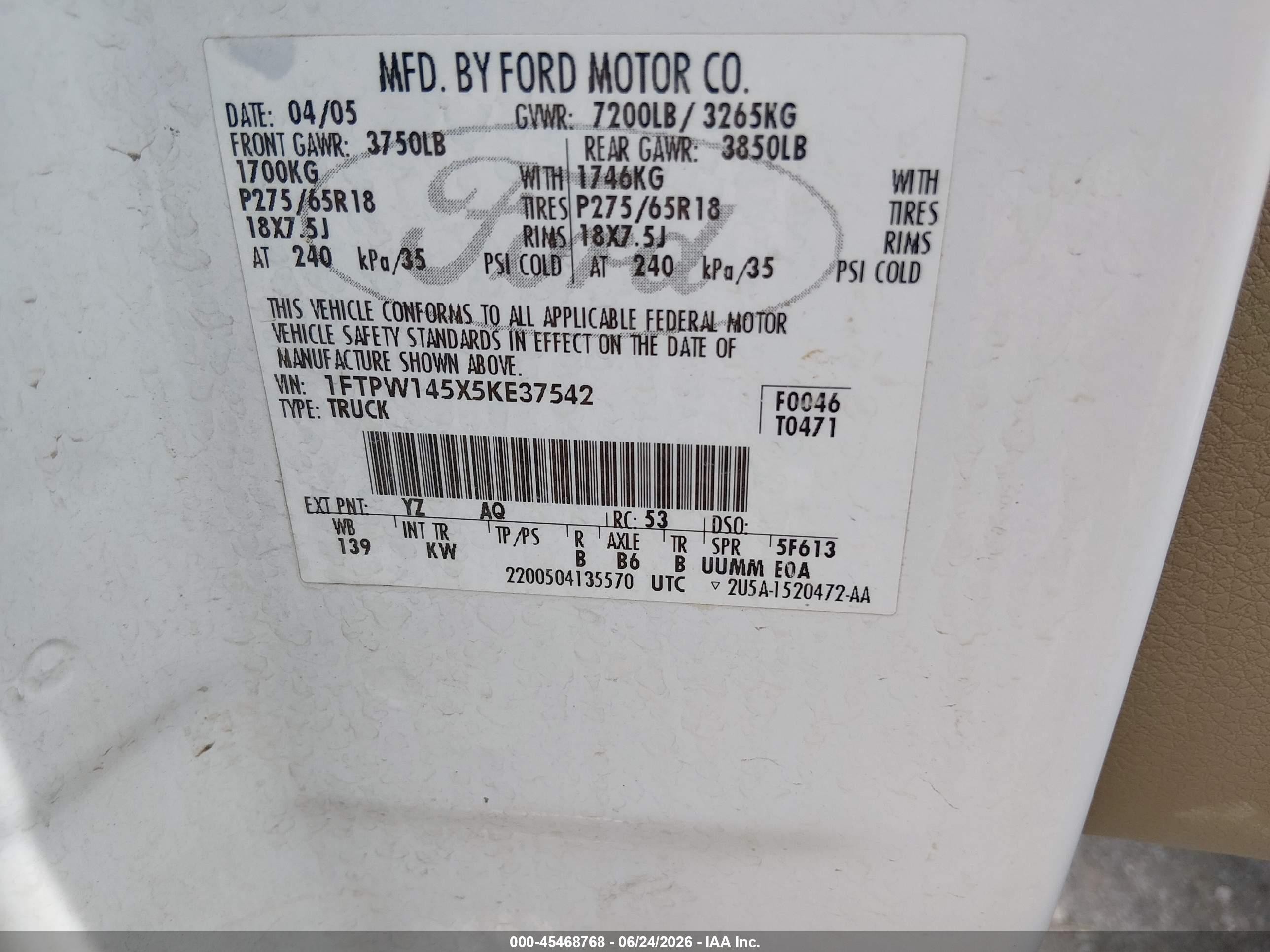 2005 Ford F-150 Fx4/lariat/xlt White vin: 1FTPW145X5KE37542