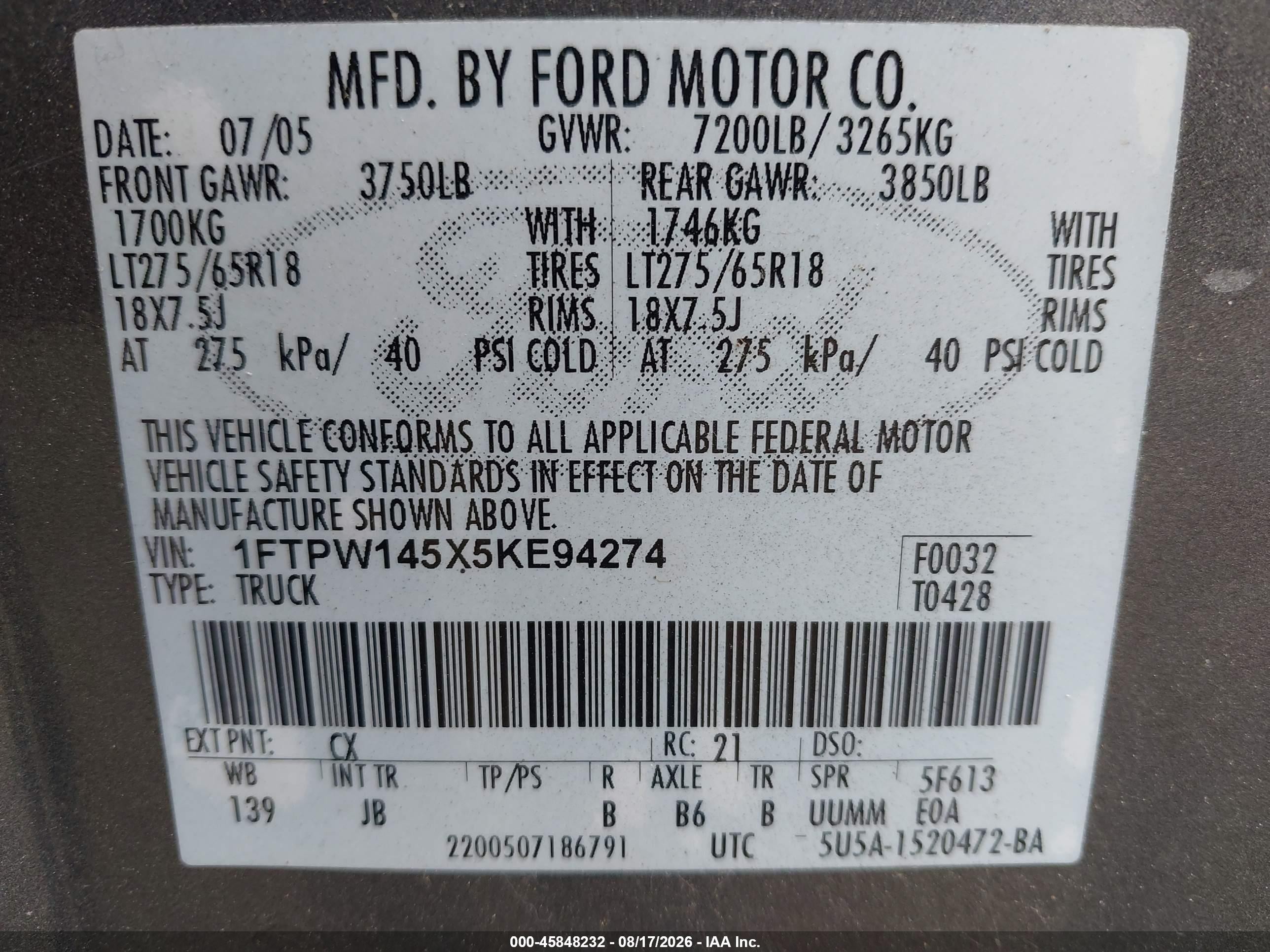2005 Ford F-150 Fx4/lariat/xlt Gray vin: 1FTPW145X5KE94274
