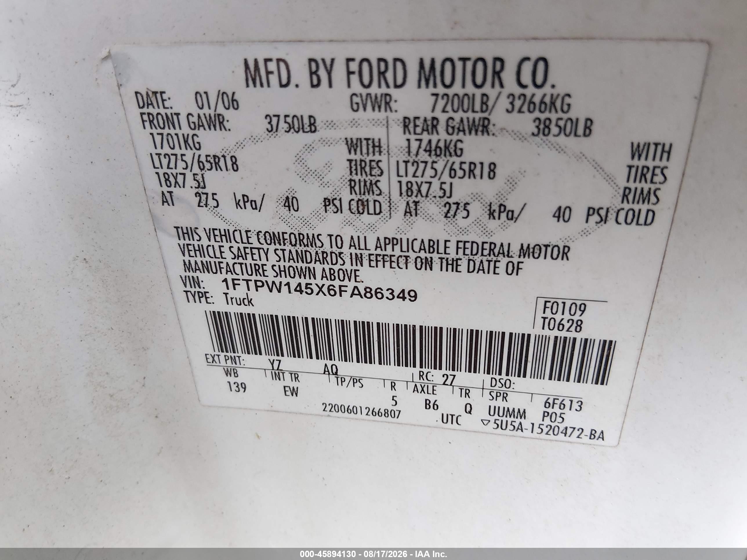 2006 Ford F-150 Fx4/lariat/xlt White vin: 1FTPW145X6FA86349