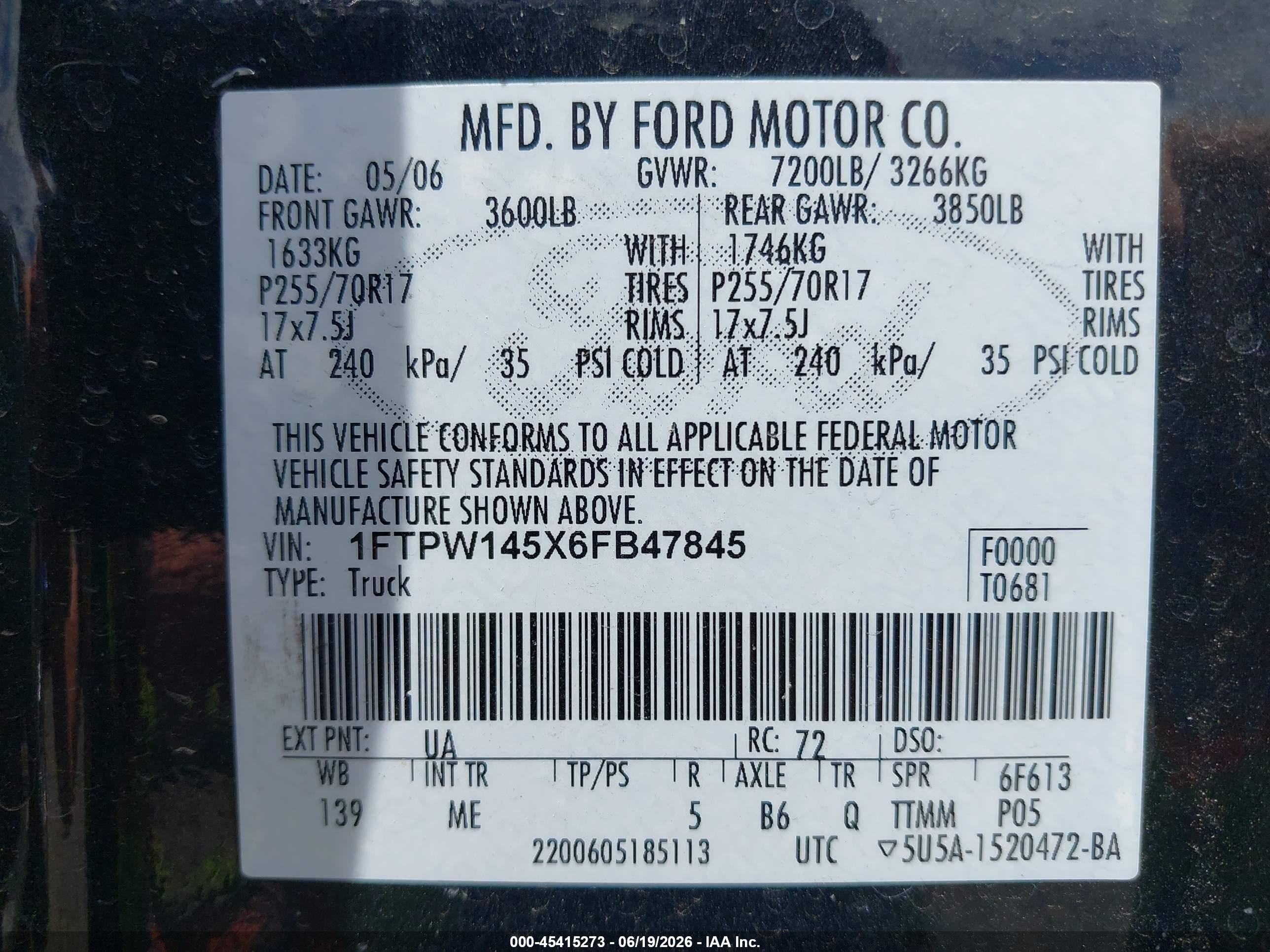 2006 Ford F-150 Fx4/lariat/xlt Black vin: 1FTPW145X6FB47845