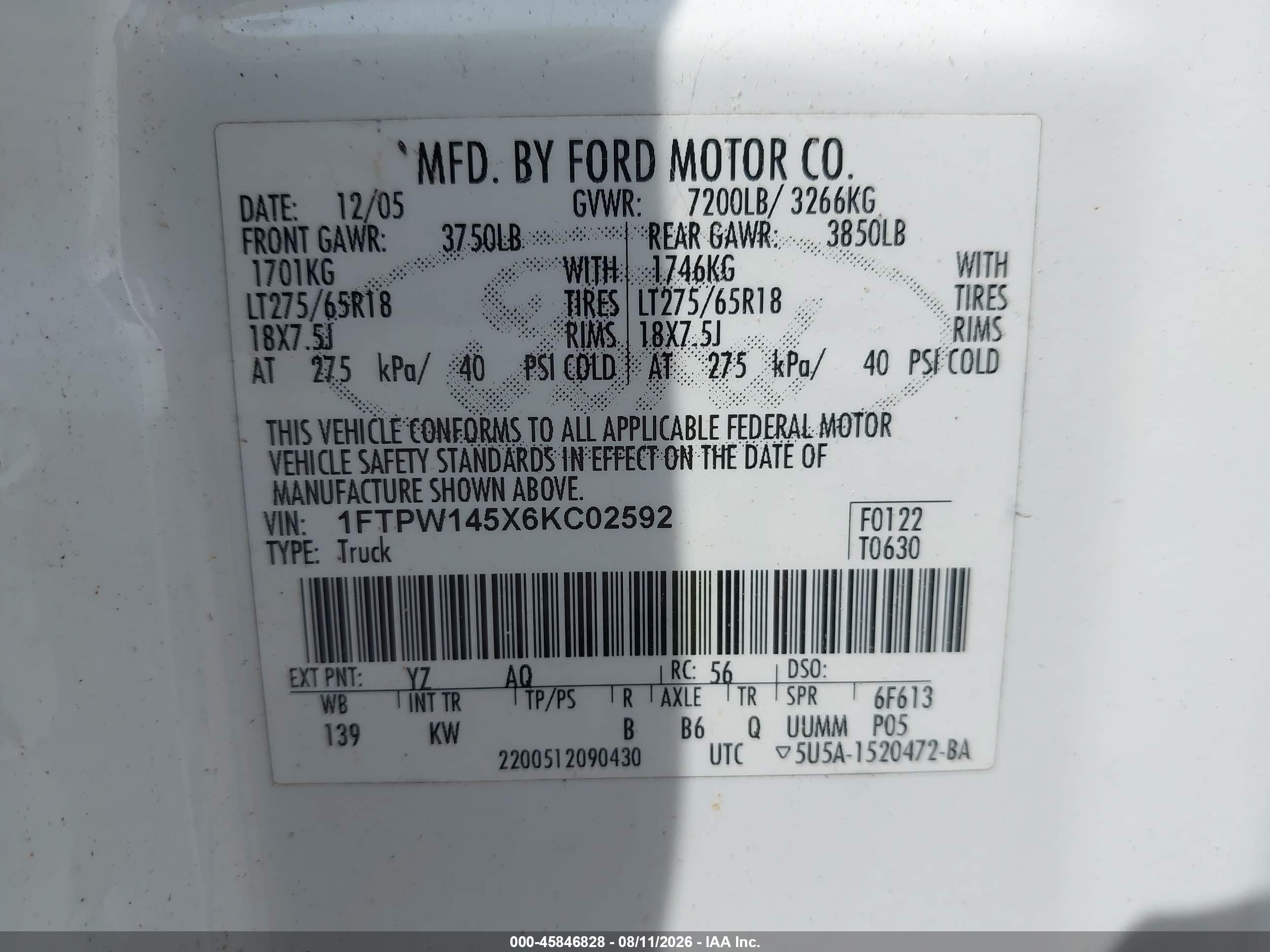 2006 Ford F-150 Fx4/lariat/xlt Белый vin: 1FTPW145X6KC02592