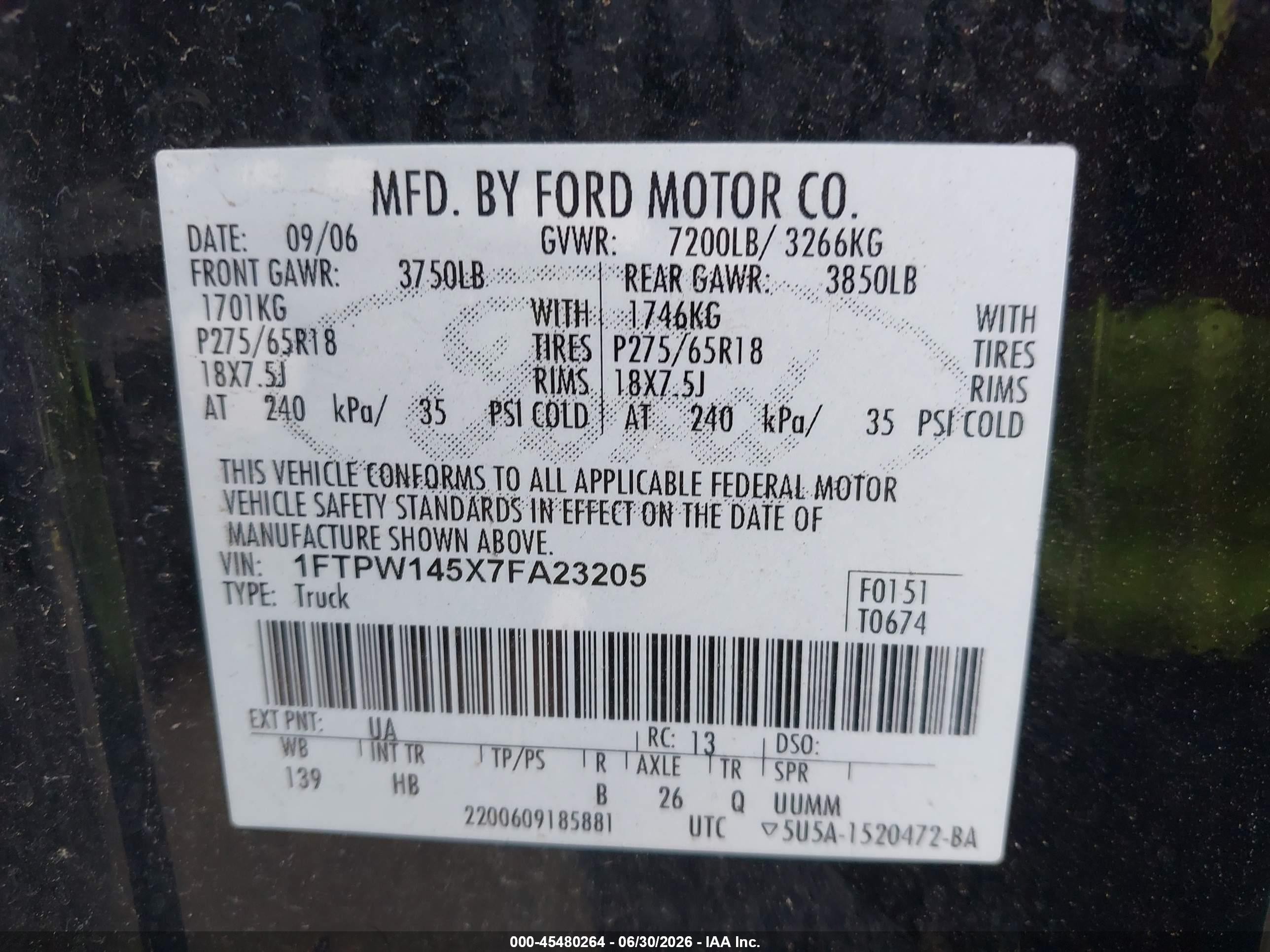 2007 Ford F-150 Fx4/lariat/xlt Black vin: 1FTPW145X7FA23205