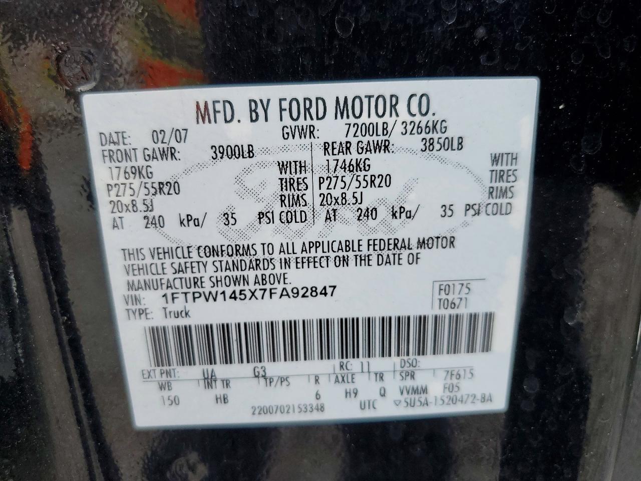 2007 Ford F150 Supercrew Black vin: 1FTPW145X7FA92847