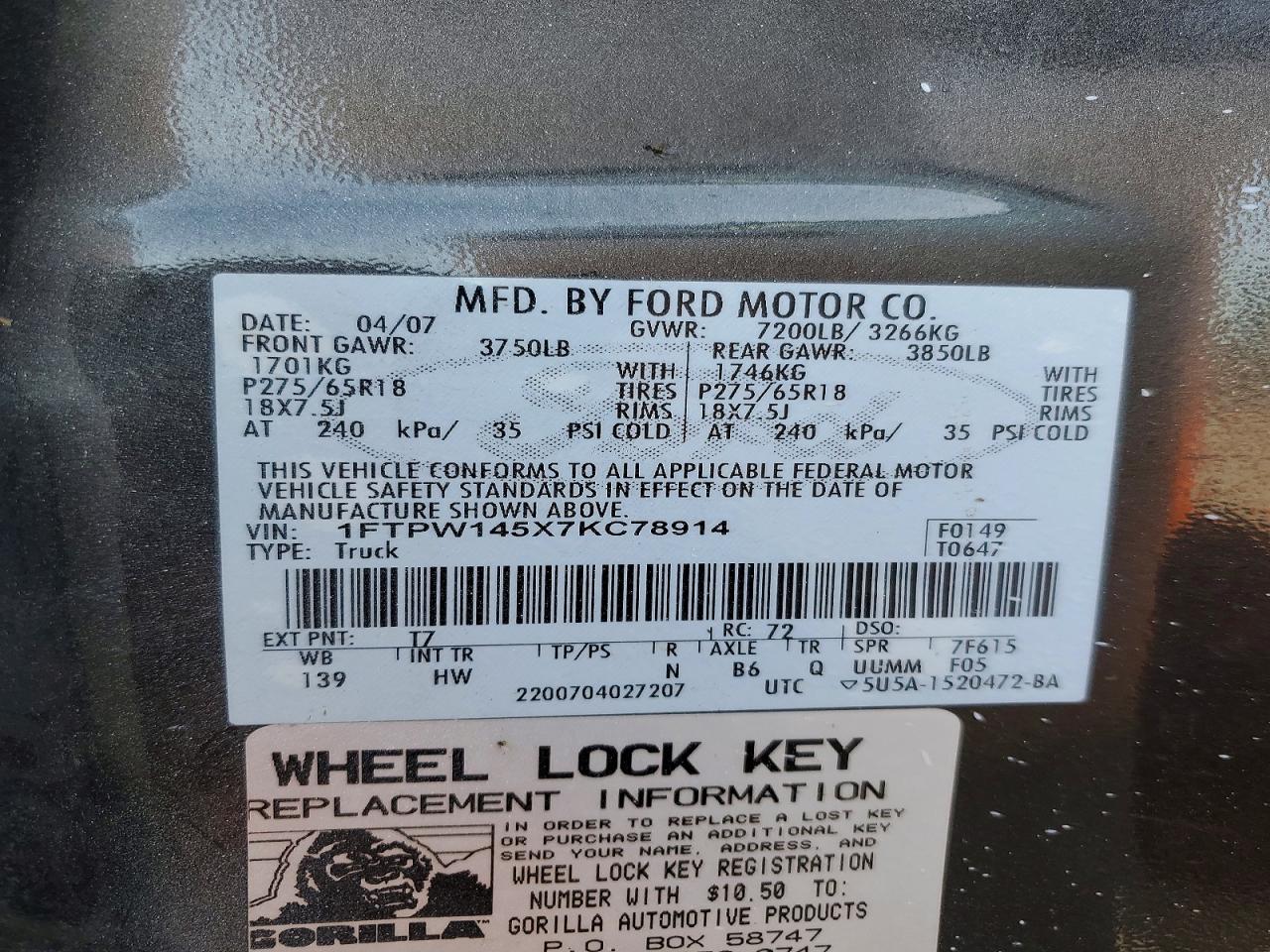 2007 Ford F150 Supercrew White vin: 1FTPW145X7KC78914