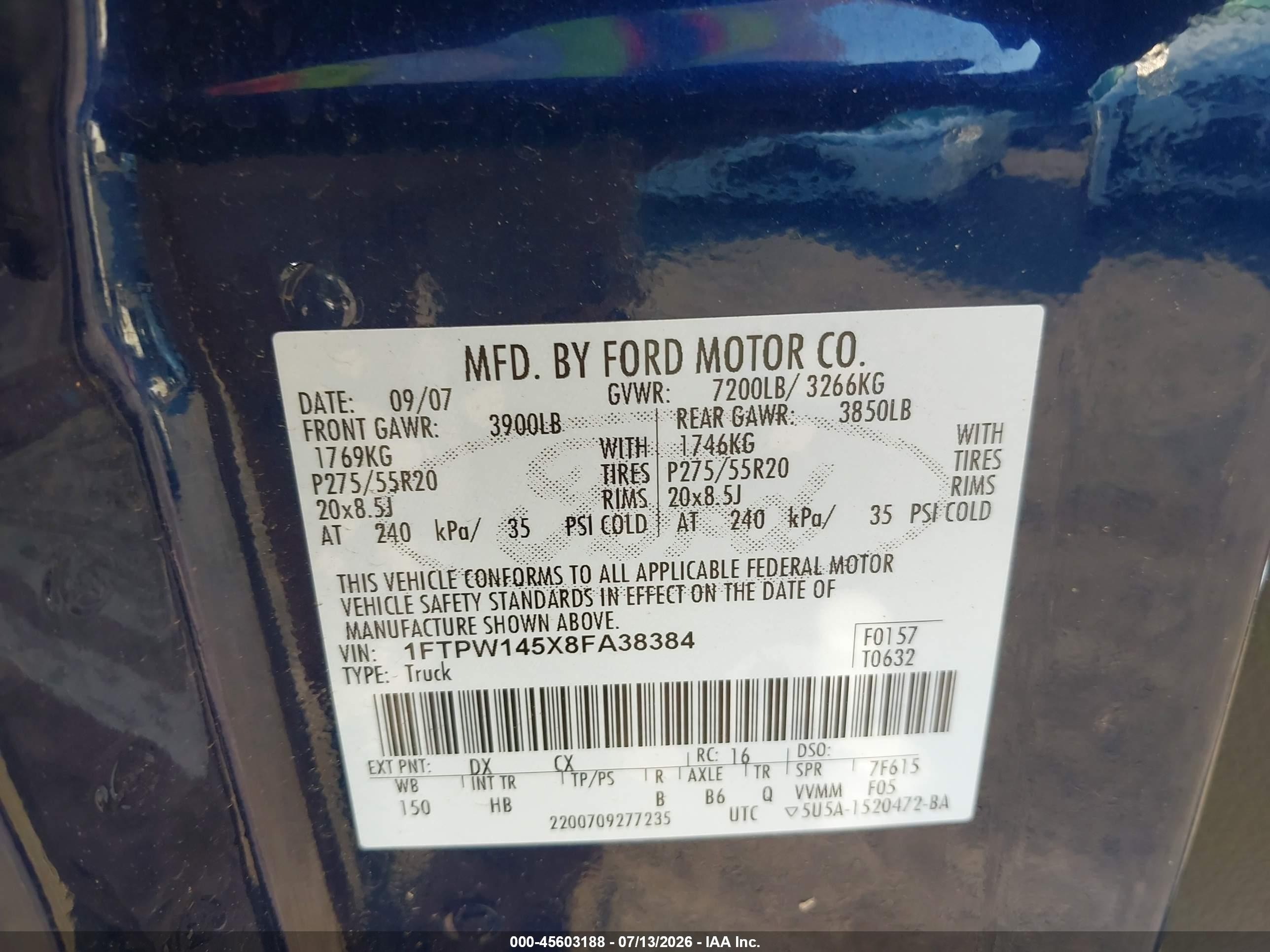 2008 Ford F-150 60th Anniversary/fx4/king Ranch/lariat/limited/xlt Синий vin: 1FTPW145X8FA38384