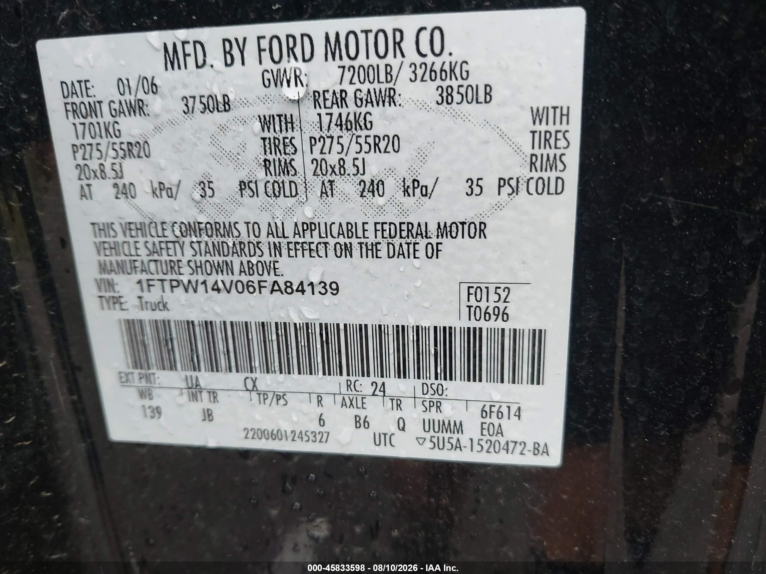 2006 Ford F-150 Fx4/lariat/xlt Black vin: 1FTPW14V06FA84139