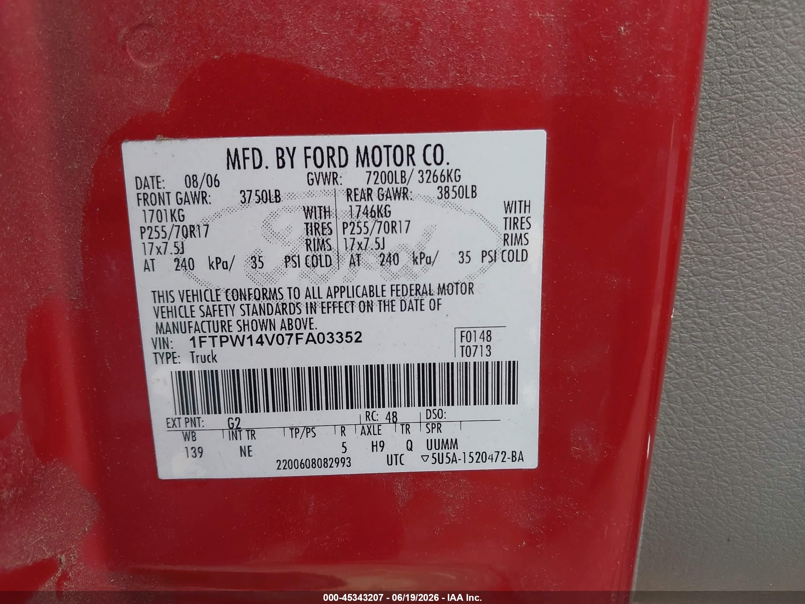 2007 Ford F-150 Fx4/lariat/xlt Red vin: 1FTPW14V07FA03352
