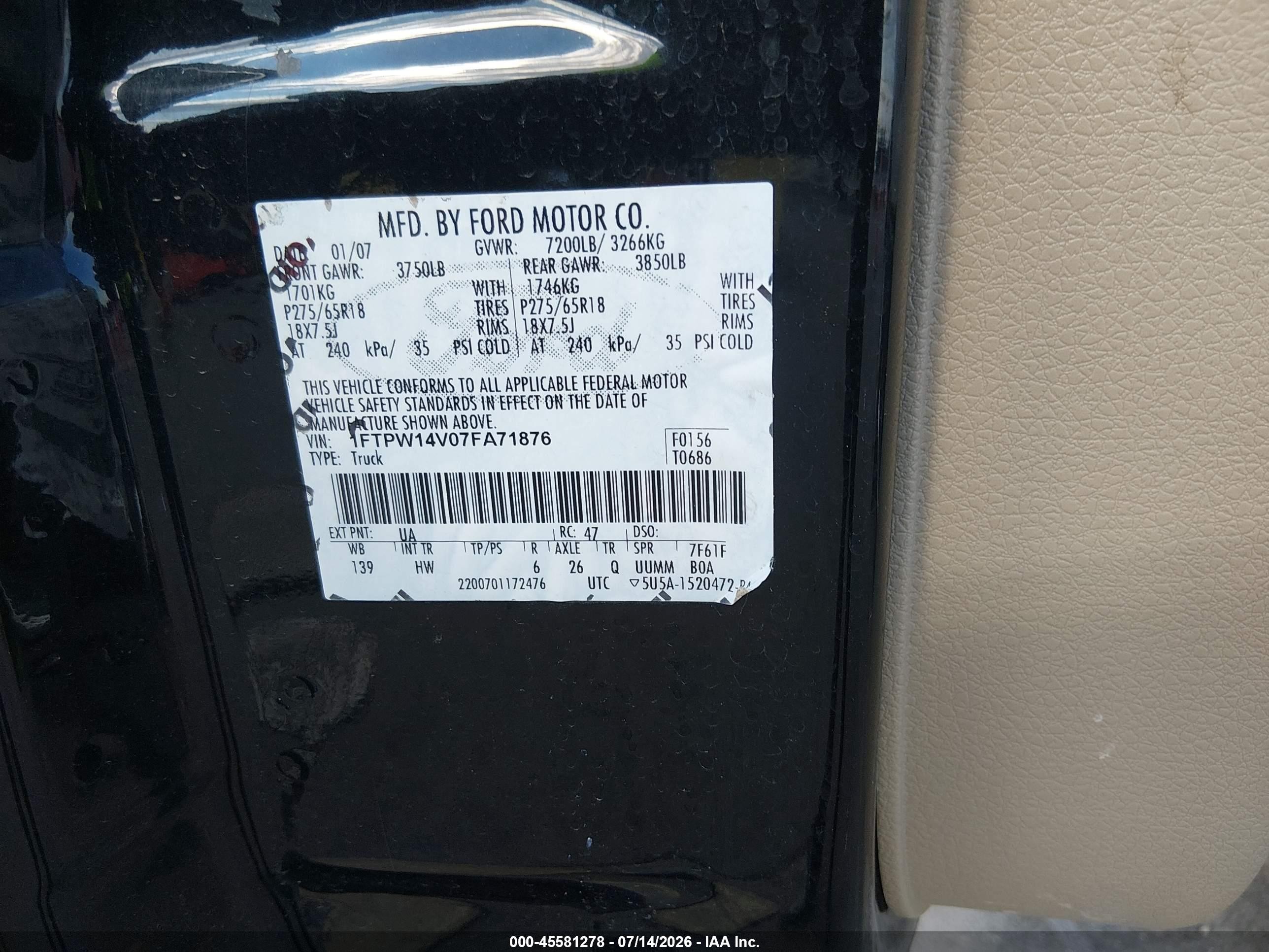 2007 Ford F-150 Fx4/lariat/xlt Черный vin: 1FTPW14V07FA71876