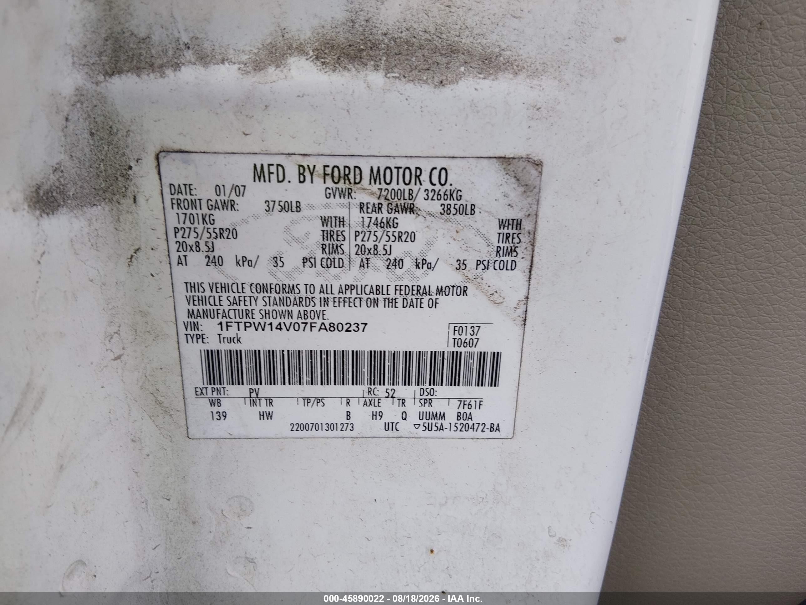2007 Ford F-150 Fx4/lariat/xlt White vin: 1FTPW14V07FA80237