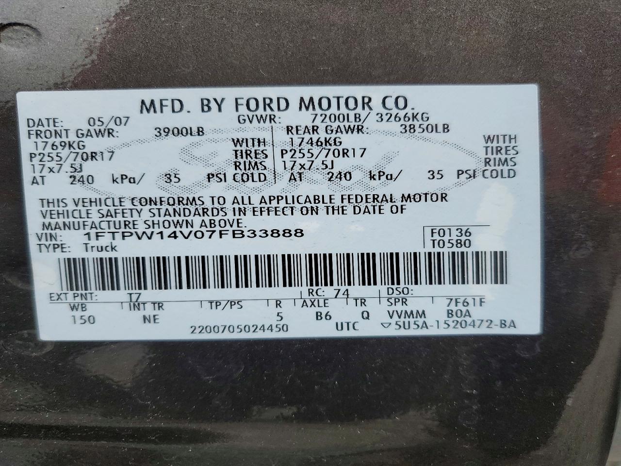 2007 Ford F150 Supercrew Gray vin: 1FTPW14V07FB33888