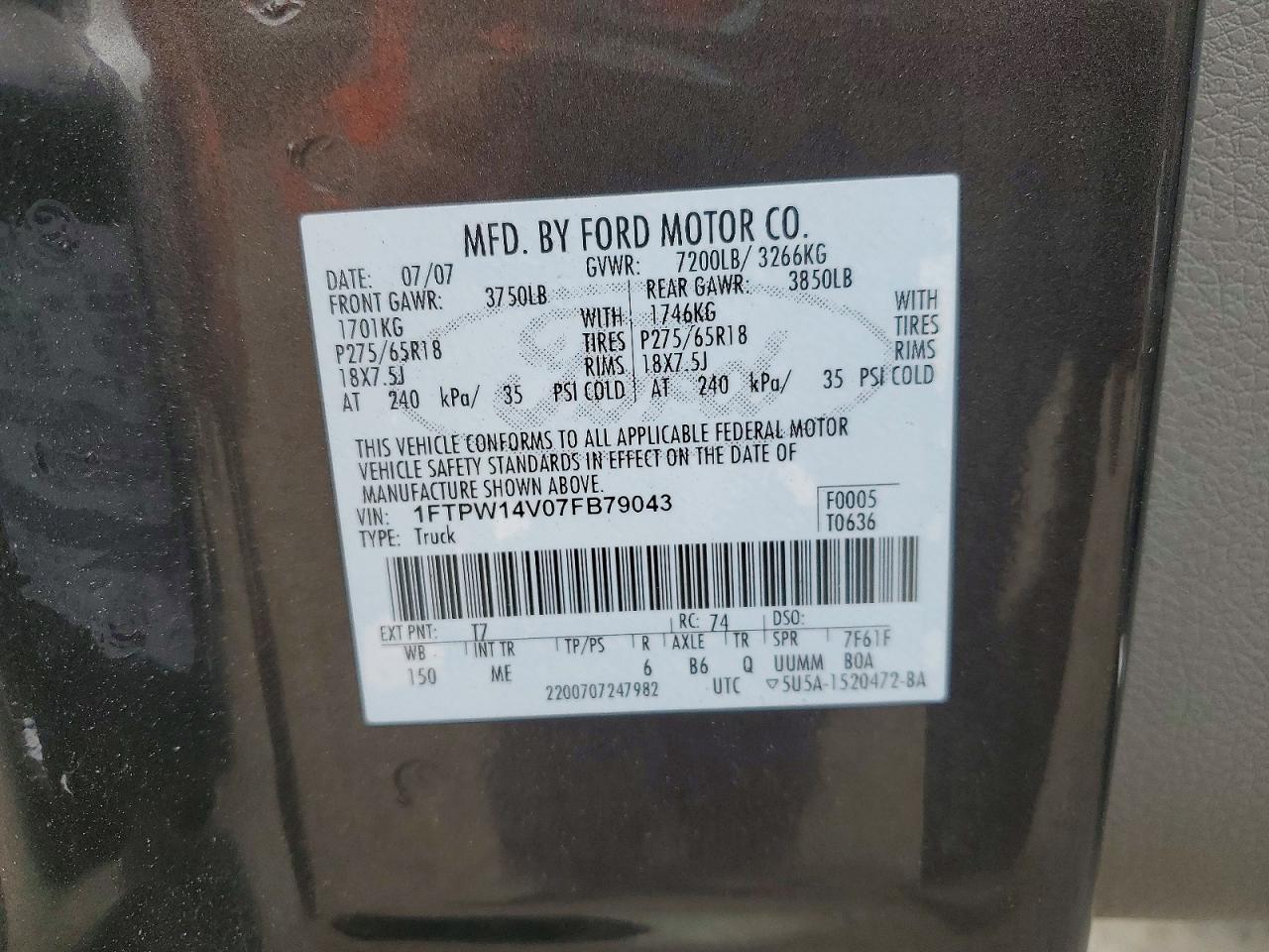 2007 Ford F150 Gray vin: 1FTPW14V07FB79043