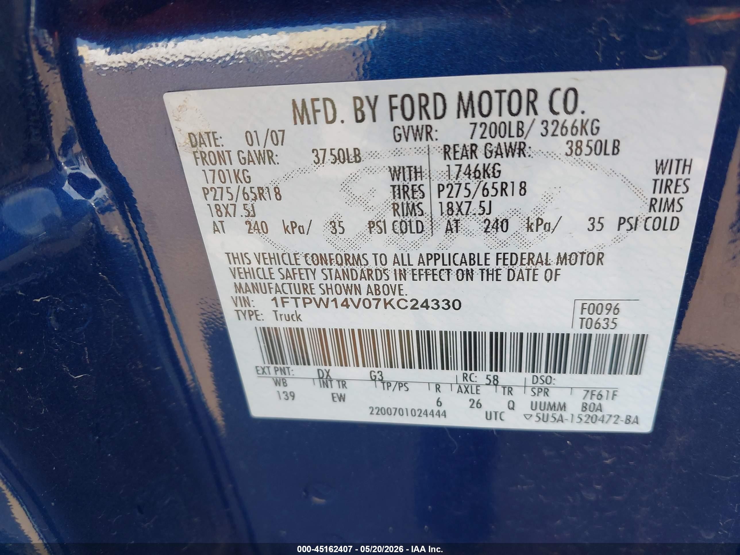 2007 Ford F-150 Fx4/lariat/xlt Blue vin: 1FTPW14V07KC24330