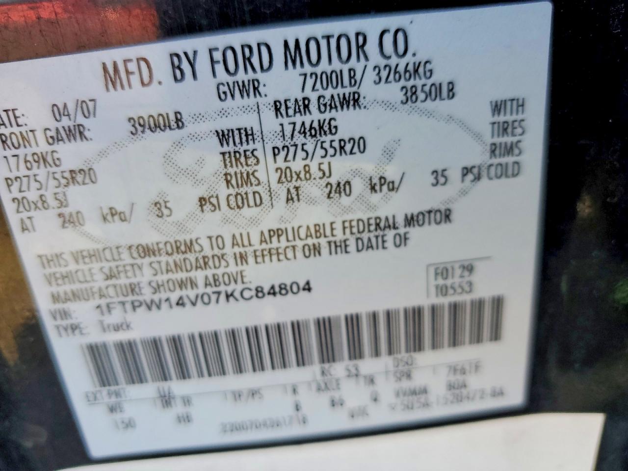 2007 Ford F150 Supercrew Black vin: 1FTPW14V07KC84804