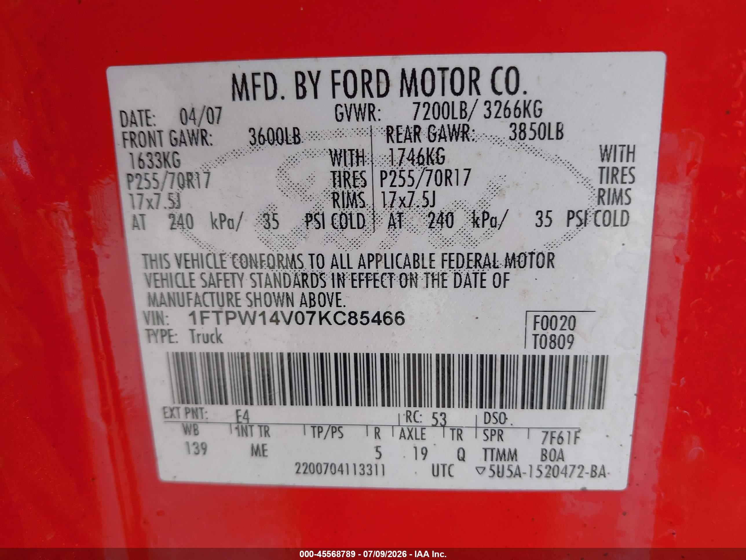 2007 Ford F-150 Fx4/lariat/xlt Red vin: 1FTPW14V07KC85466