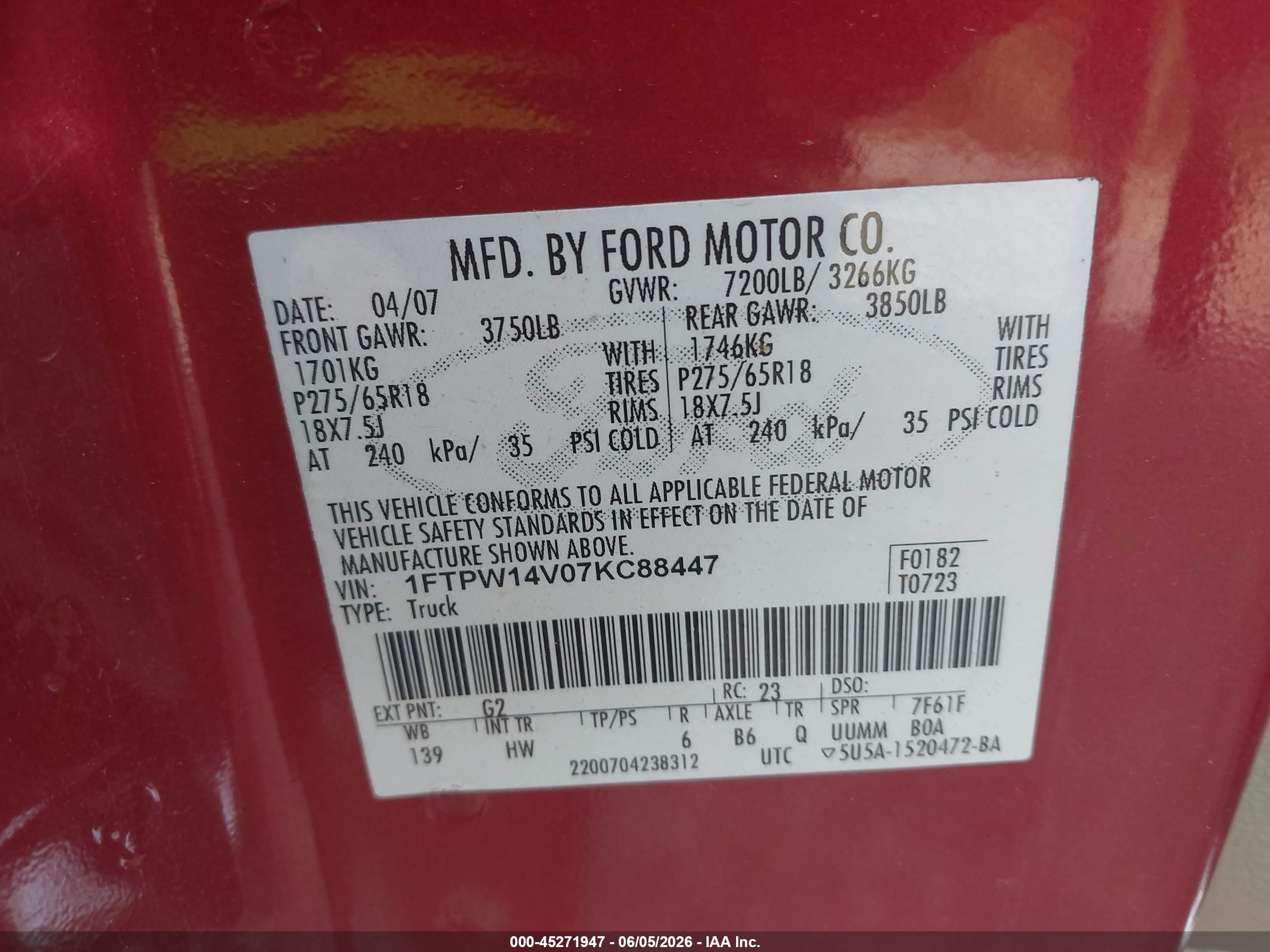 2007 Ford F-150 Fx4/lariat/xlt Red vin: 1FTPW14V07KC88447