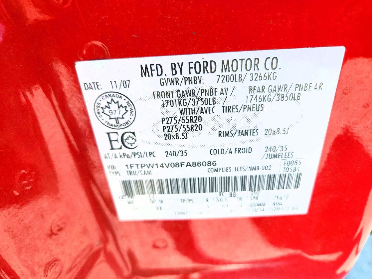 2008 Ford F150 Supercrew Red vin: 1FTPW14V08FA86086