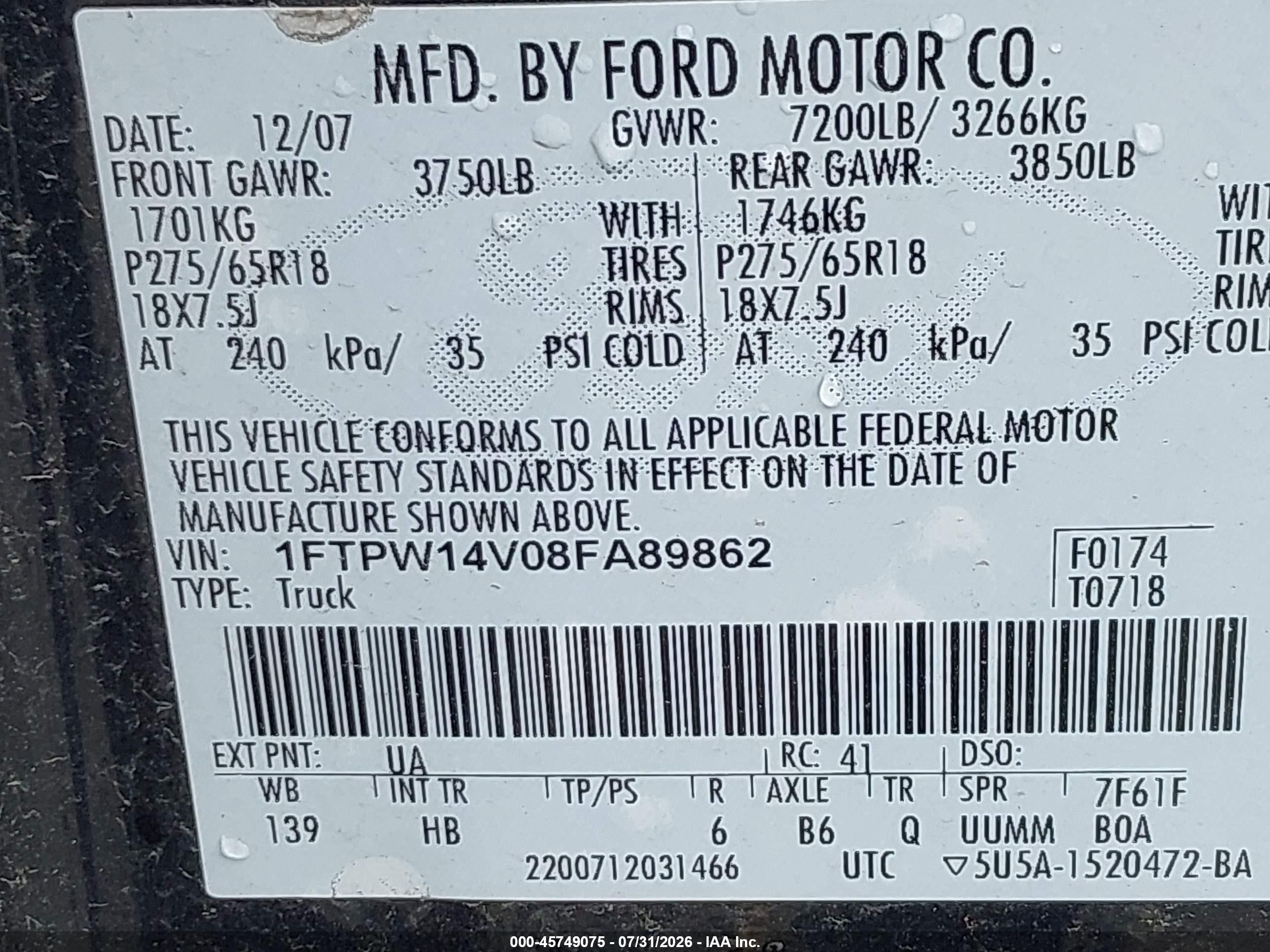 2008 Ford F-150 Black vin: 1FTPW14V08FA89862