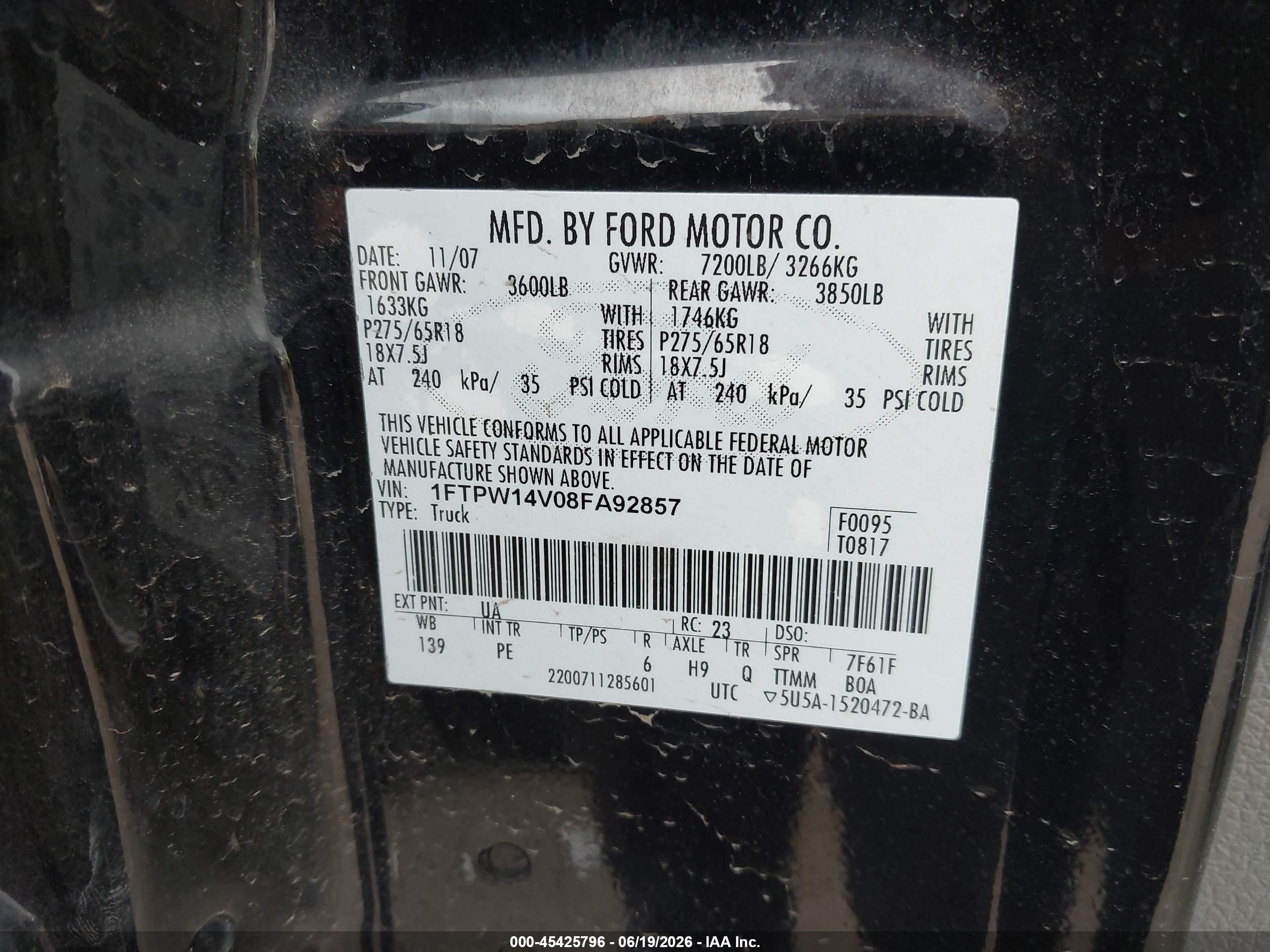 2008 Ford F-150 60th Anniversary/fx4/king Ranch/lariat/xlt Black vin: 1FTPW14V08FA92857