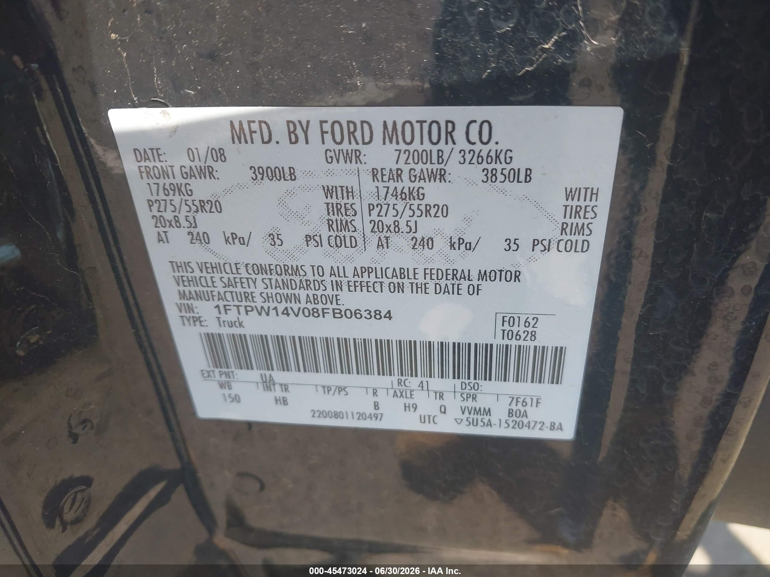 2008 Ford F-150 60th Anniversary/fx4/king Ranch/lariat/xlt Black vin: 1FTPW14V08FB06384
