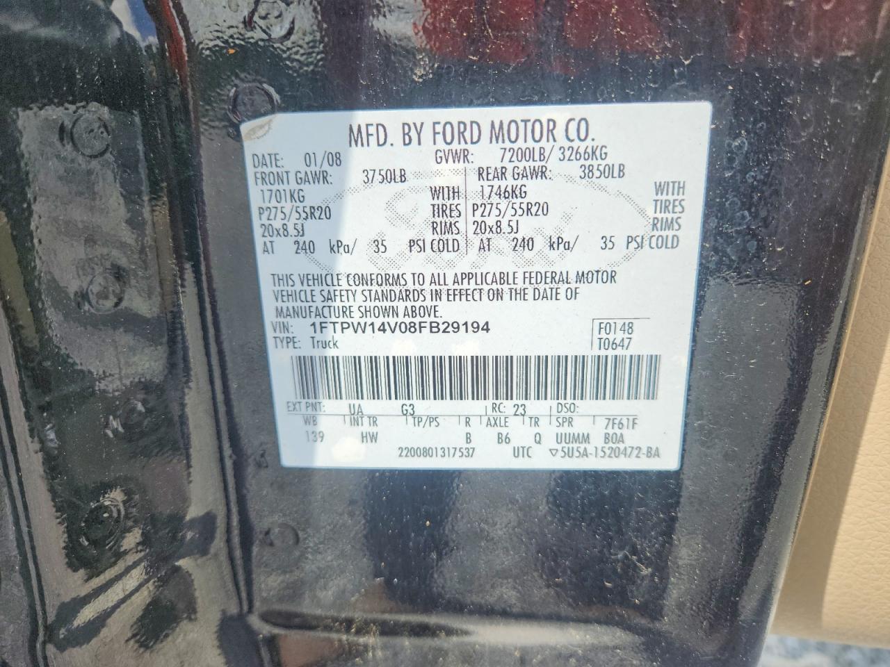 2008 Ford F150 Supercrew Black vin: 1FTPW14V08FB29194