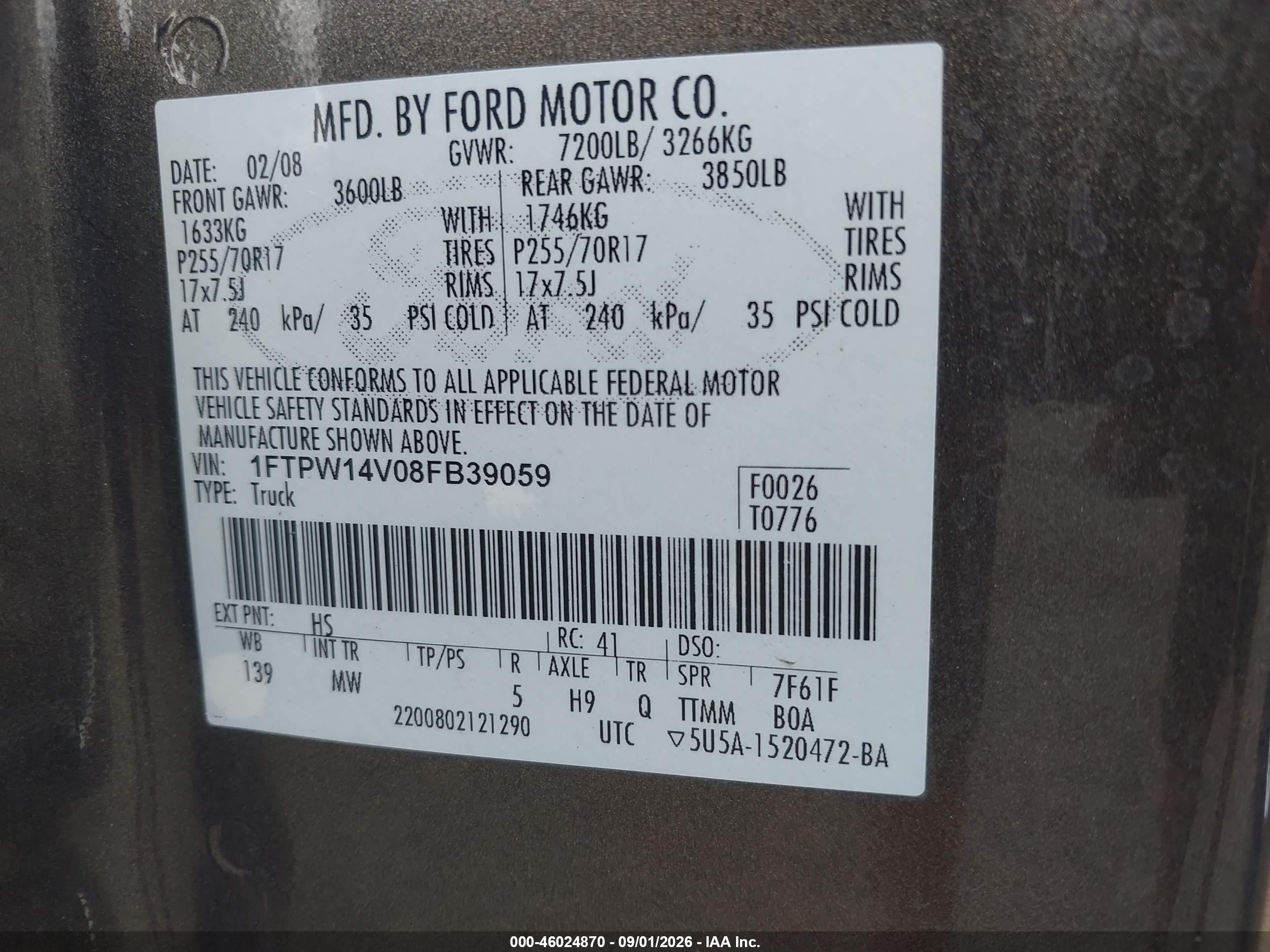 2008 Ford F-150 60th Anniversary/fx4/king Ranch/lariat/xlt Gray vin: 1FTPW14V08FB39059