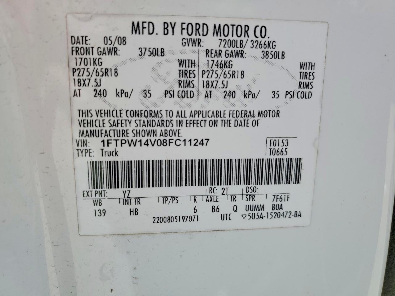 2008 Ford F150 Supercrew White vin: 1FTPW14V08FC11247