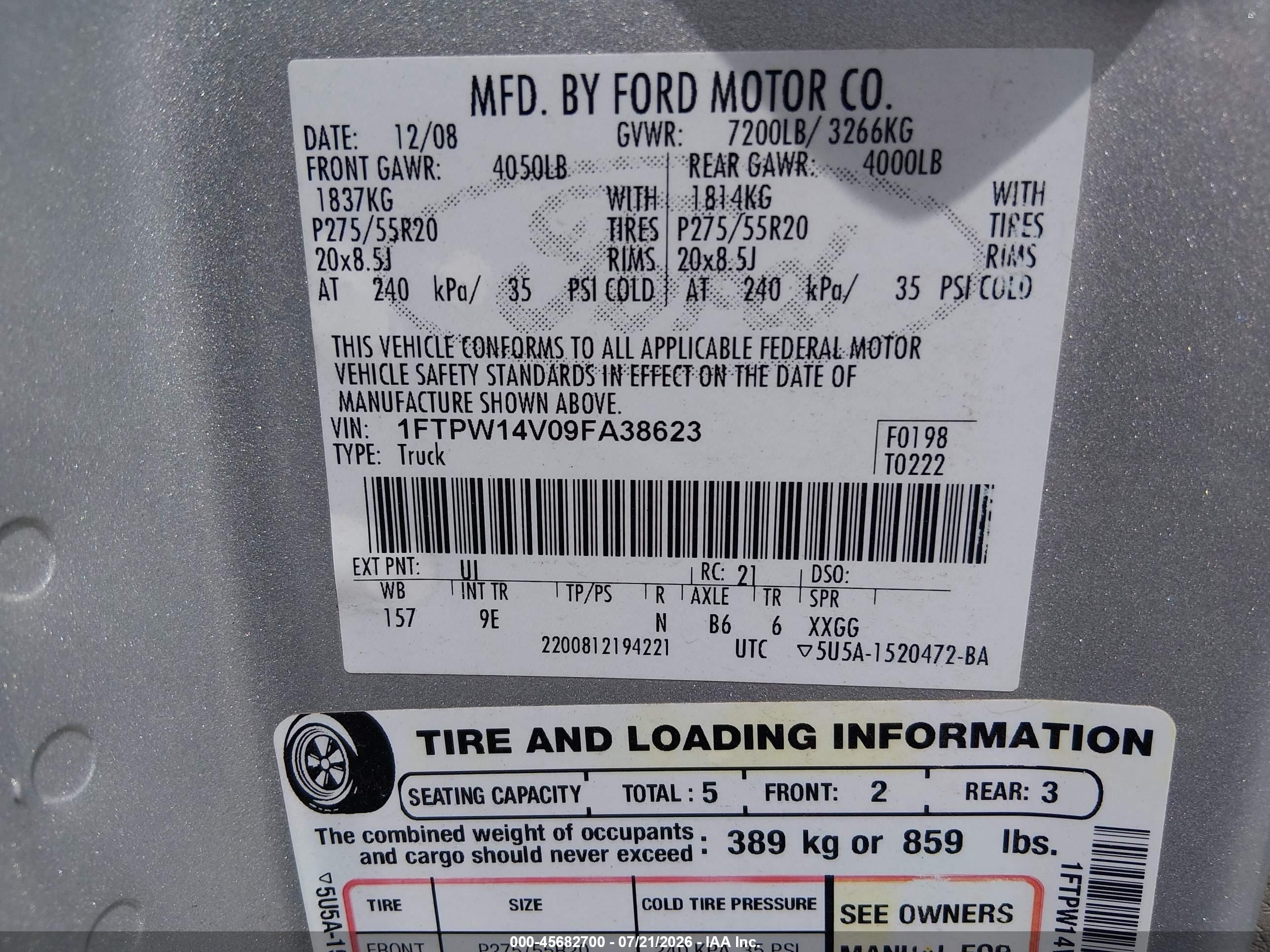 2009 Ford F-150 Fx4/king Ranch/lariat/platinum/xl/xlt Silver vin: 1FTPW14V09FA38623