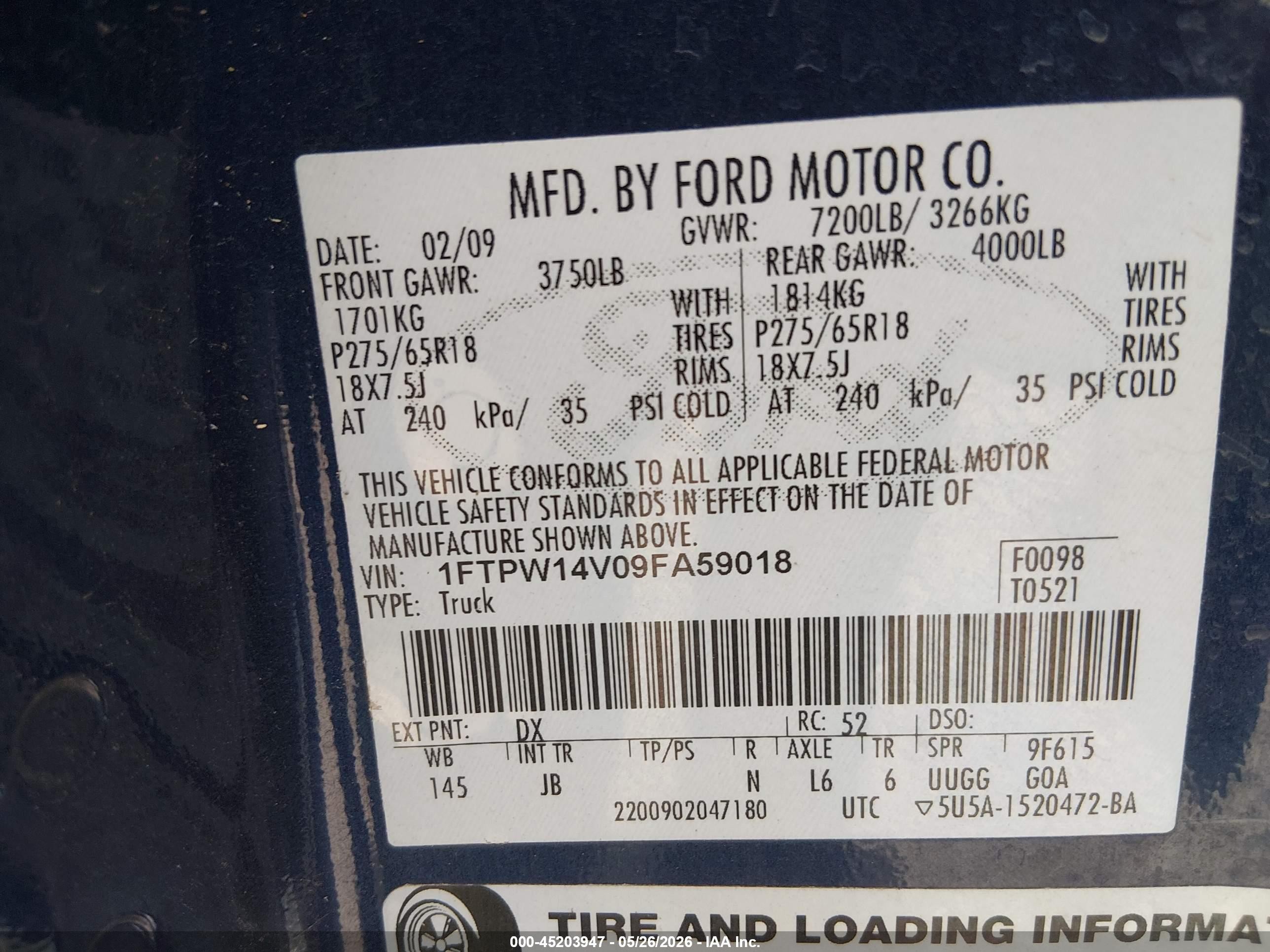 2009 Ford F-150 Fx4/king Ranch/lariat/platinum/xl/xlt Blue vin: 1FTPW14V09FA59018